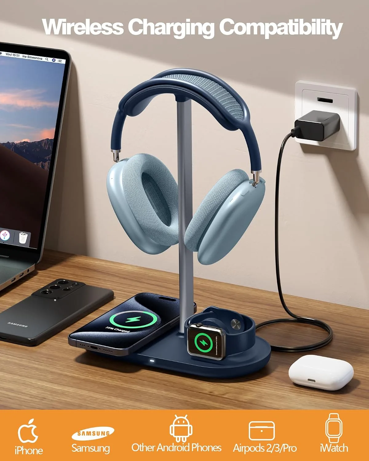 HiWe Headphone Stand, 2-in-1 MagSafe Wireless Charger for iPhone/iWatch