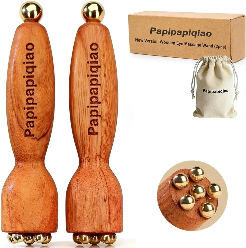 Rodillo para ojos Papipapiqiao masajeador facial 2 piezas madera de rosa y cobre