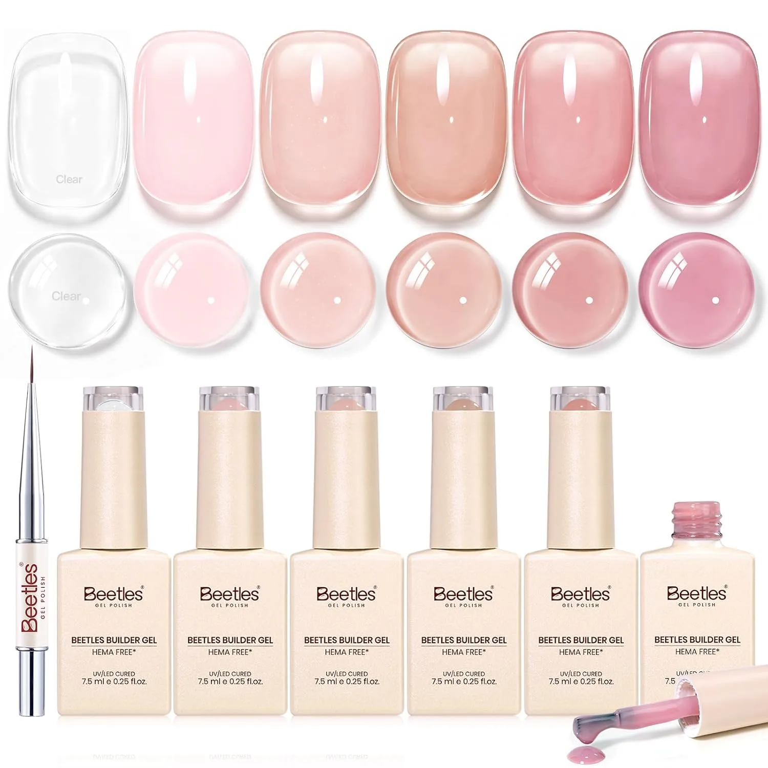 Gel Constructor para Uñas Beetles Set 6 Colores Libre de TPO y HEMA con Pincel