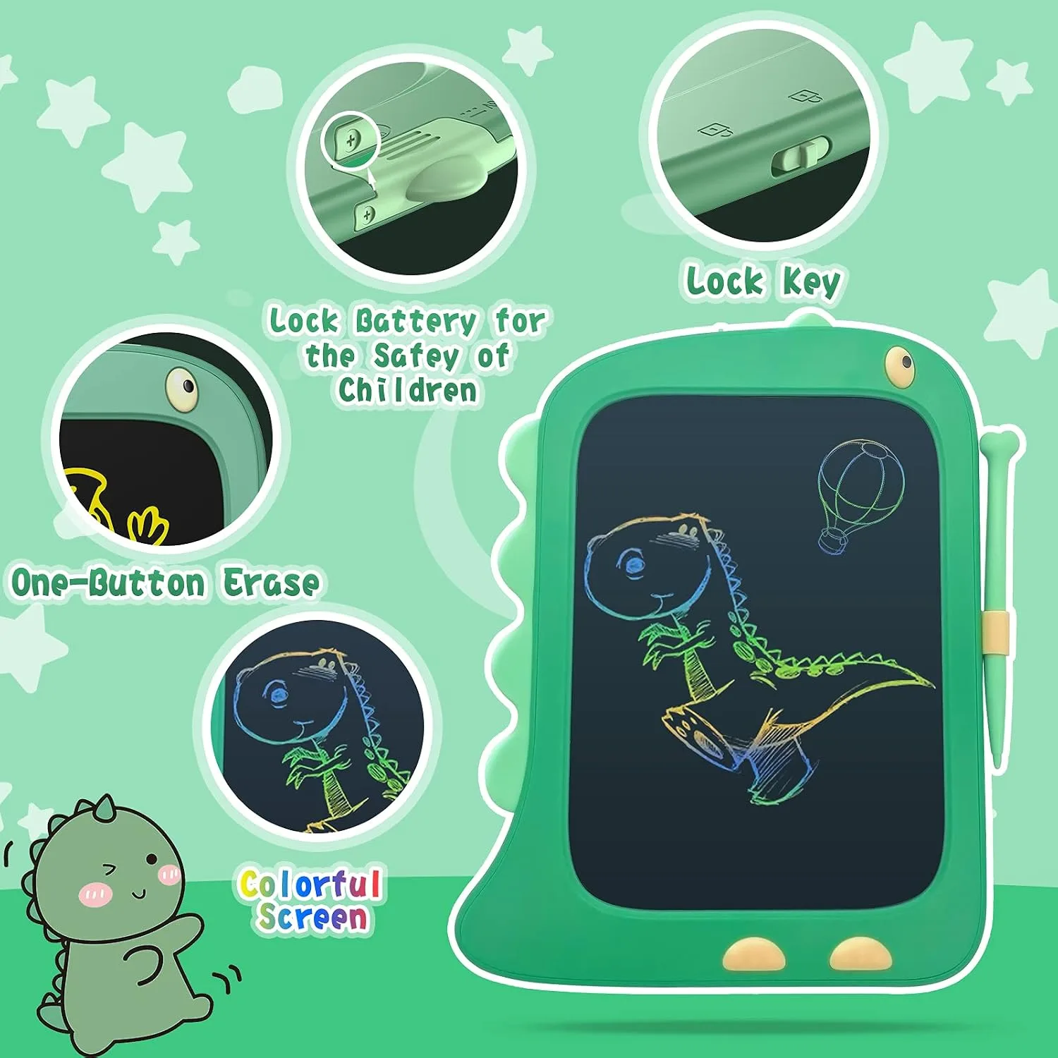 8.5 Inch LCD Doodle Board Tablet Toy - Green Dinosaur Drawing Pad for Kids 2-6 Years Old - Christmas and Birthday Gifts