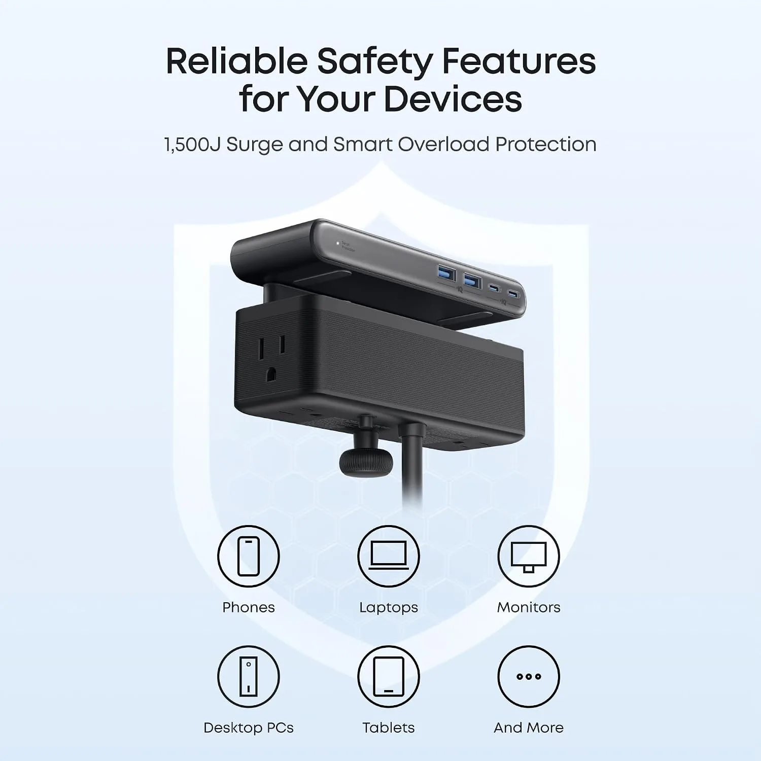 Anker Nano Power Strip, Desk Clamp, 70W Max, 1500J Surge Protector, 2 USB C