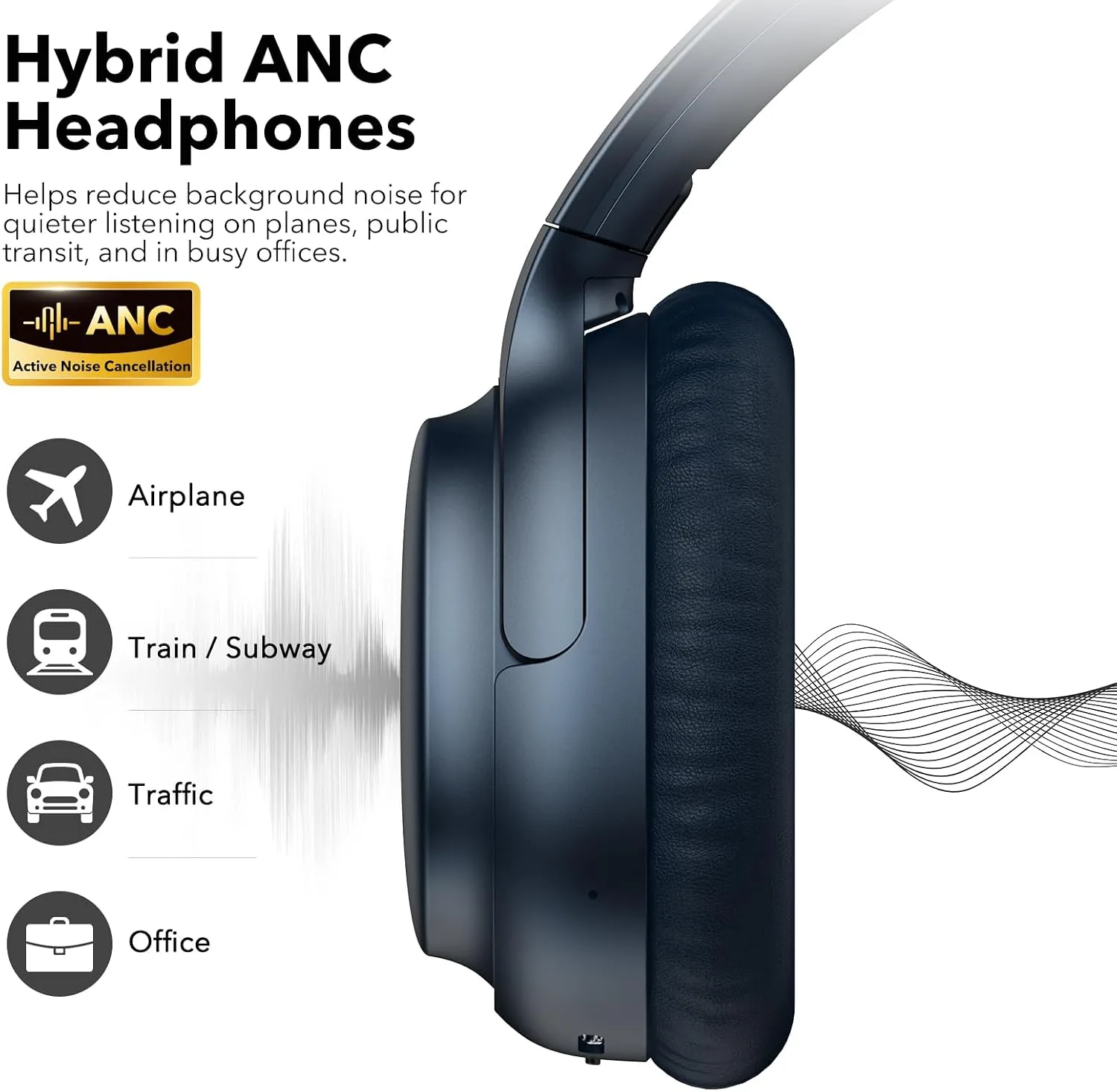 1Mii Noise Canceling Headphones Wired & Wireless for Airplane Travel, Blue