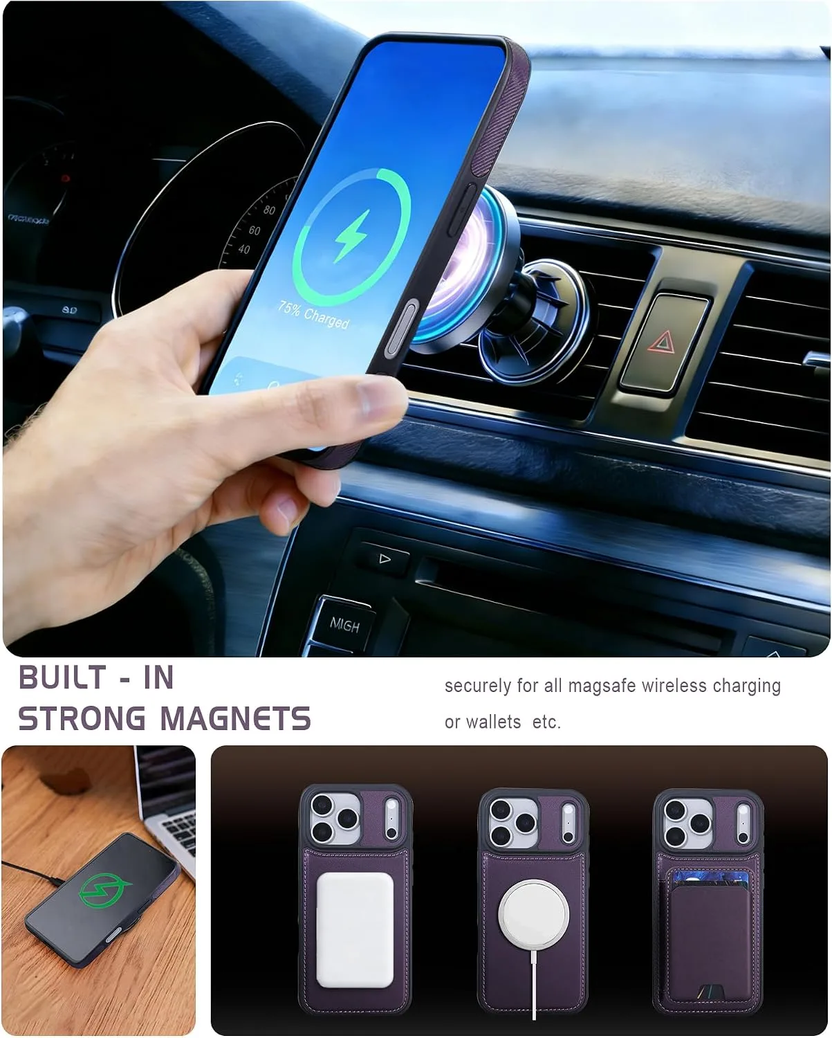 Magnetic Detachable Wallet Case for iPhone 18/17 Pro Max with Kickstand,2-in-1 MagSafe Compatible RFID Blocking Card Holder,Slim PU Leather Cover Vintage Purple