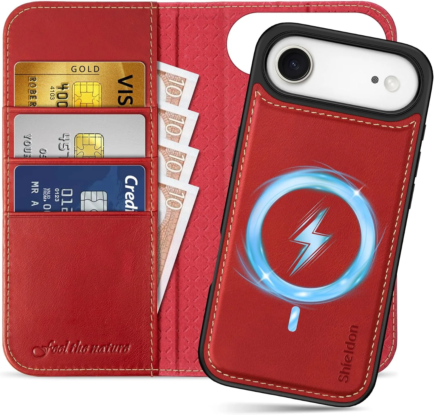 SHIELDON Removable Genuine Leather Wallet Case for iPhone Air, Retro Red