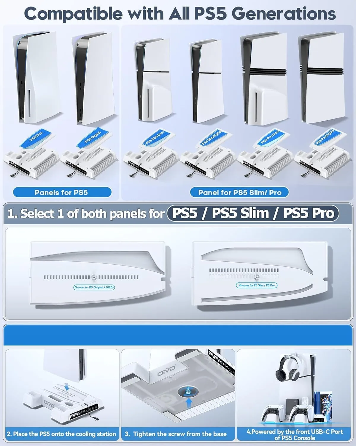 PS5/Slim/Pro Stand and Cooling Station with LED Controller Charging Station for PlayStation 5 Console, Controller Charger, Cooling Stand, PS5/Slim/Pro Skin Accessories Kit with 3 Level Cooler Fan