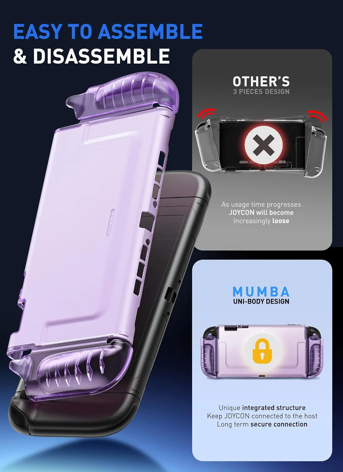 Mumba Dockable Clear Case for Nintendo Switch 2 2025, Crystal Protective Cover with Quick-Release Joy-Con Design and TPU Grip Compatible with New Nintendo Switch 2 7.9 Inch Console (Purple)