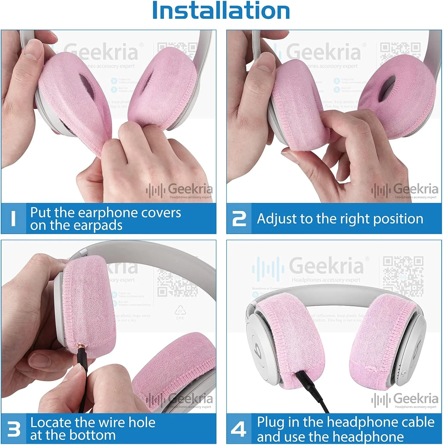 Geekria 2 Pairs Knit Headphones Ear Covers - Product Safety Certified - Washable & Stretchable Sanitary Earcup Protectors for On-Ear Headsets, Sweat Pads for Gym, Meeting (Size S/Pink)