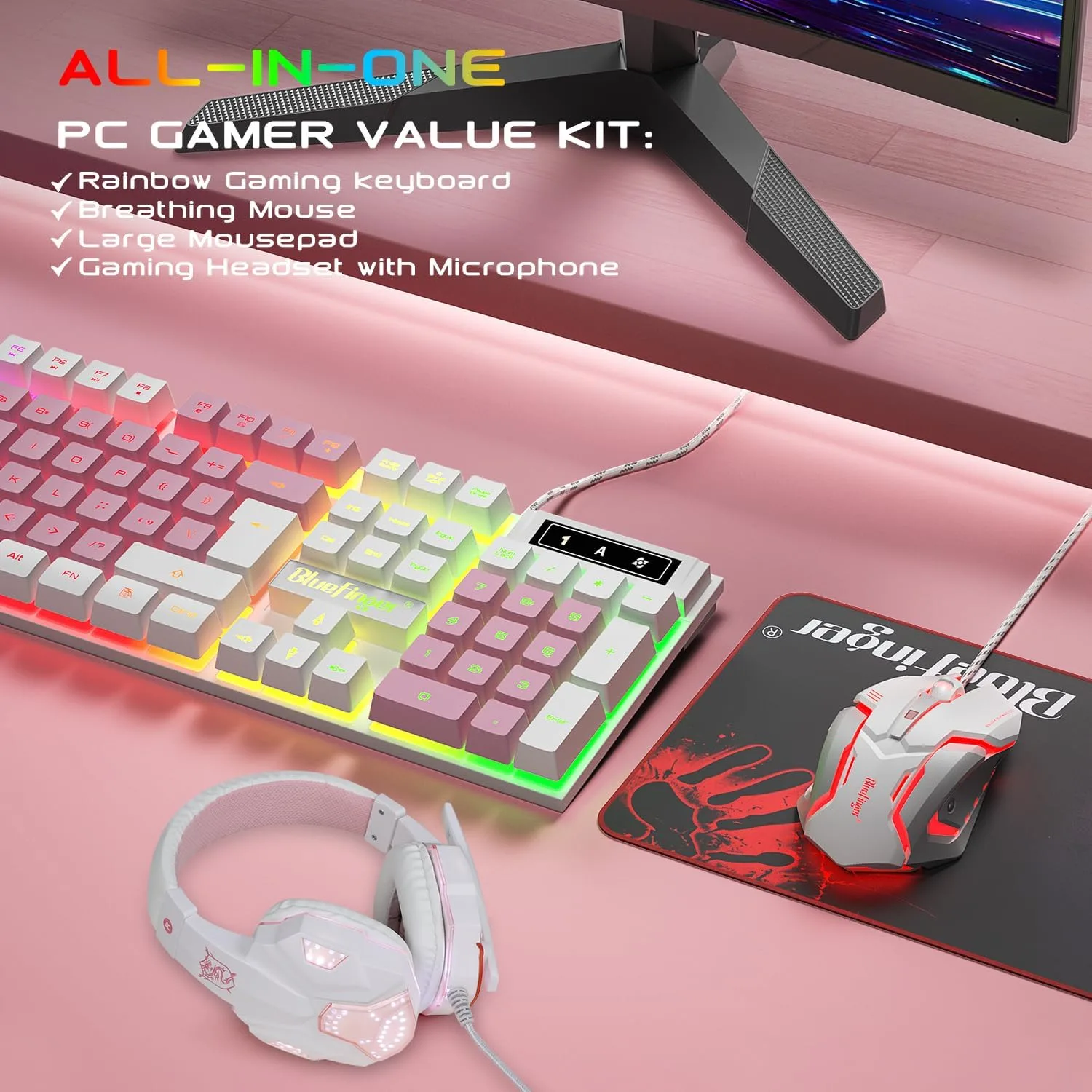 BlueFinger RGB Gaming Keyboard and Backlit Mouse and Headset Combo, USB Wired Backlit Keyboard, LED Gaming Mouse Set, Headset with Microphone for Laptop PC Computer Game and Work (White & Pink)