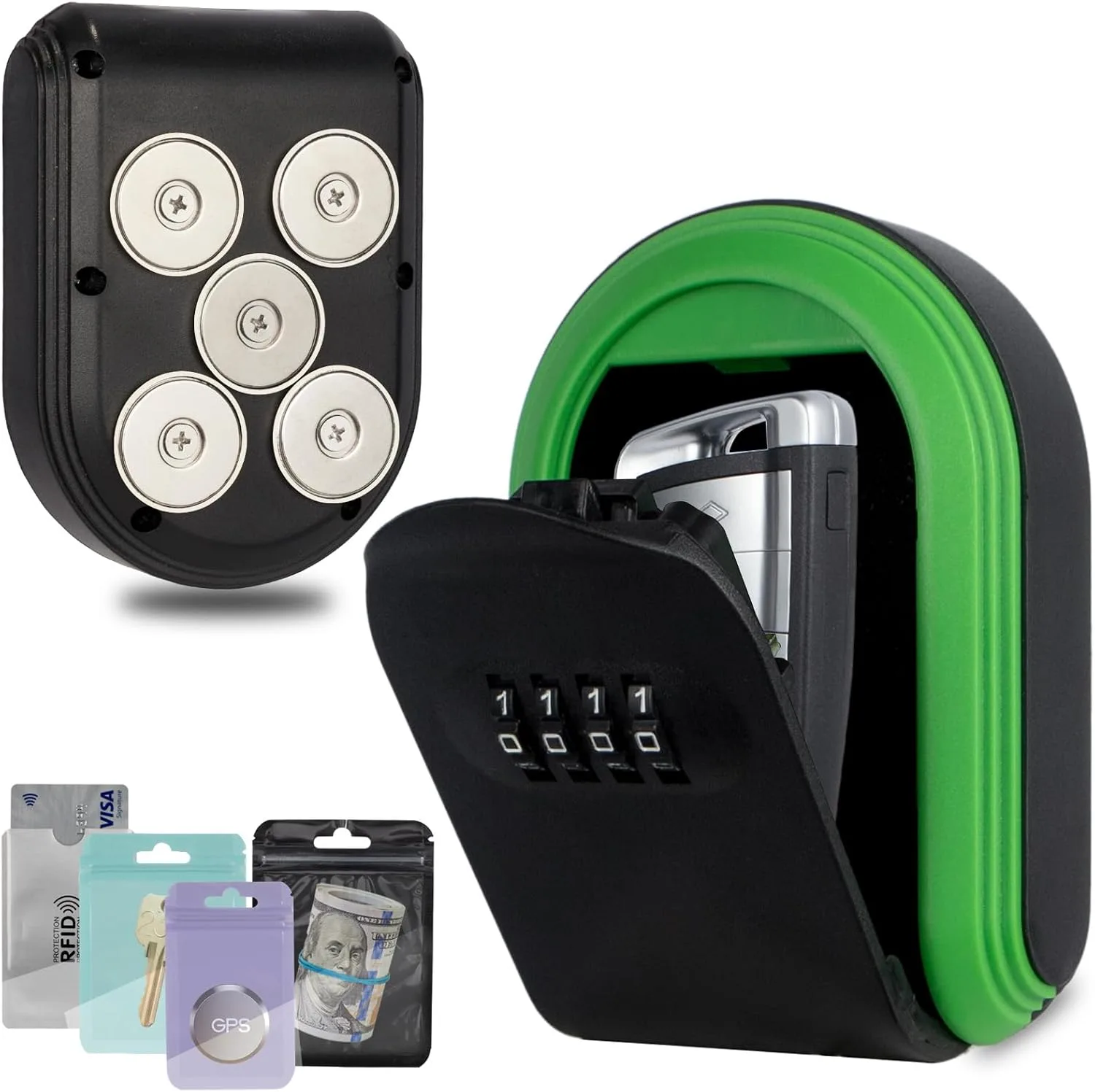 Magnetic Key Holder Under Car,Hide a Key Outside with Combination Lock box,Resettable Safe Security Code Lockbox with 5 Strong Magnets,Anti-drop Magnetic Box for Under Car,Indoor,Outdoor (Green)
