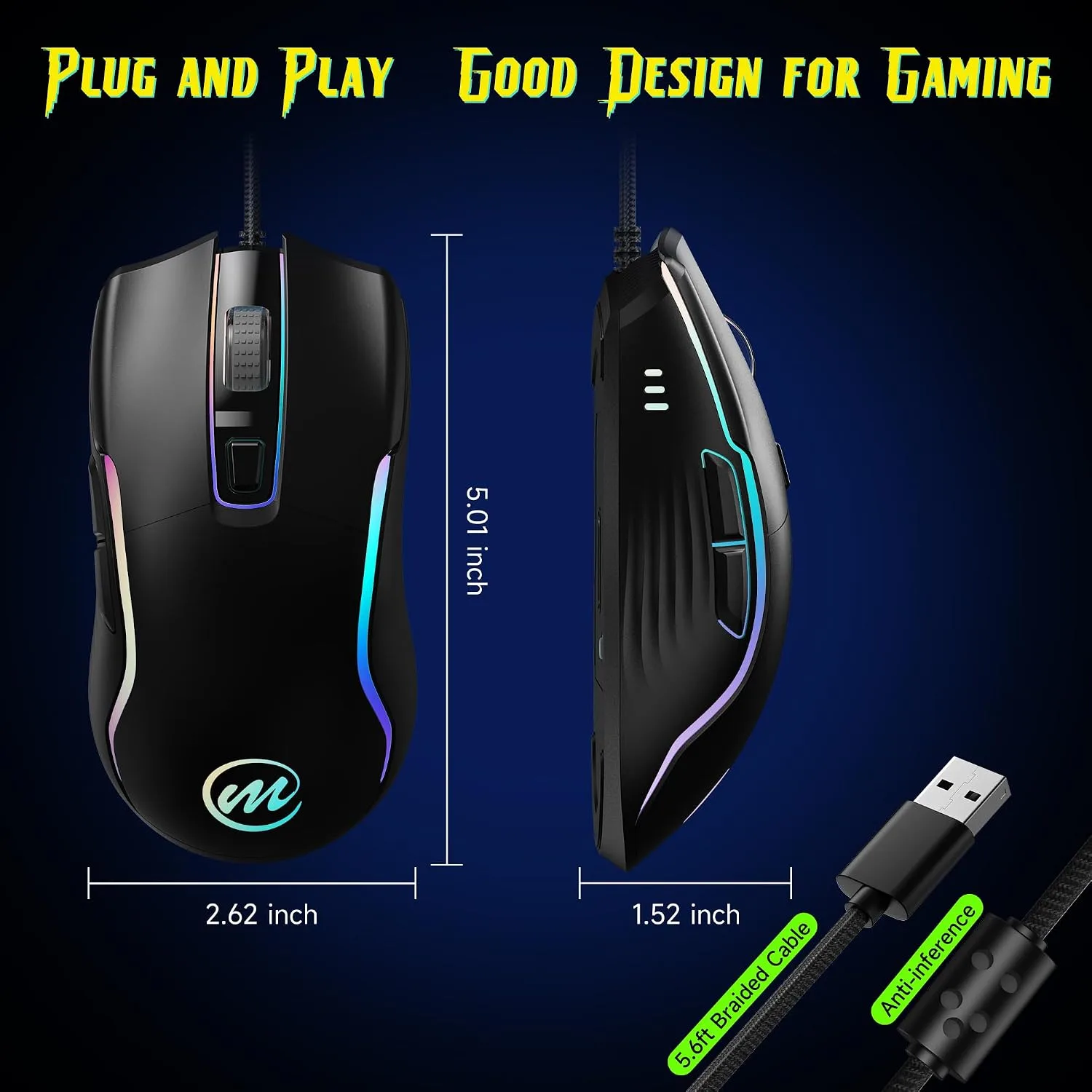 memzuoix Wired Gaming Mouse with RGB - 6 Adjustable DPI up to 12800, 6 Buttons, 12 Lighting Modes, Ergonomic Design with Anti-Slip Rubber Wheel, 5.6ft Braided Cable for PC/Mac/Windows - Black