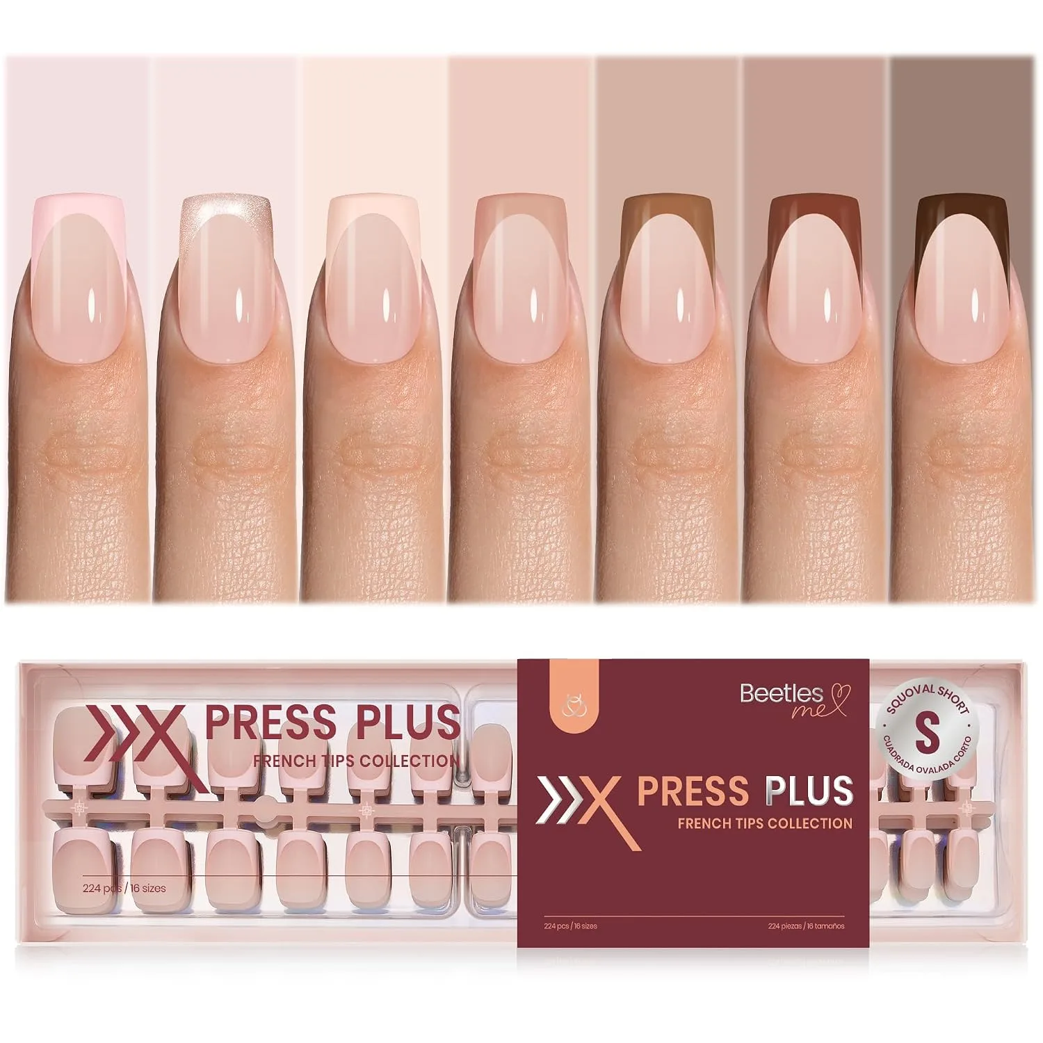 Beetles Full French Tip Press On Nails-7 Colors Short Square Brown, 224 Pcs