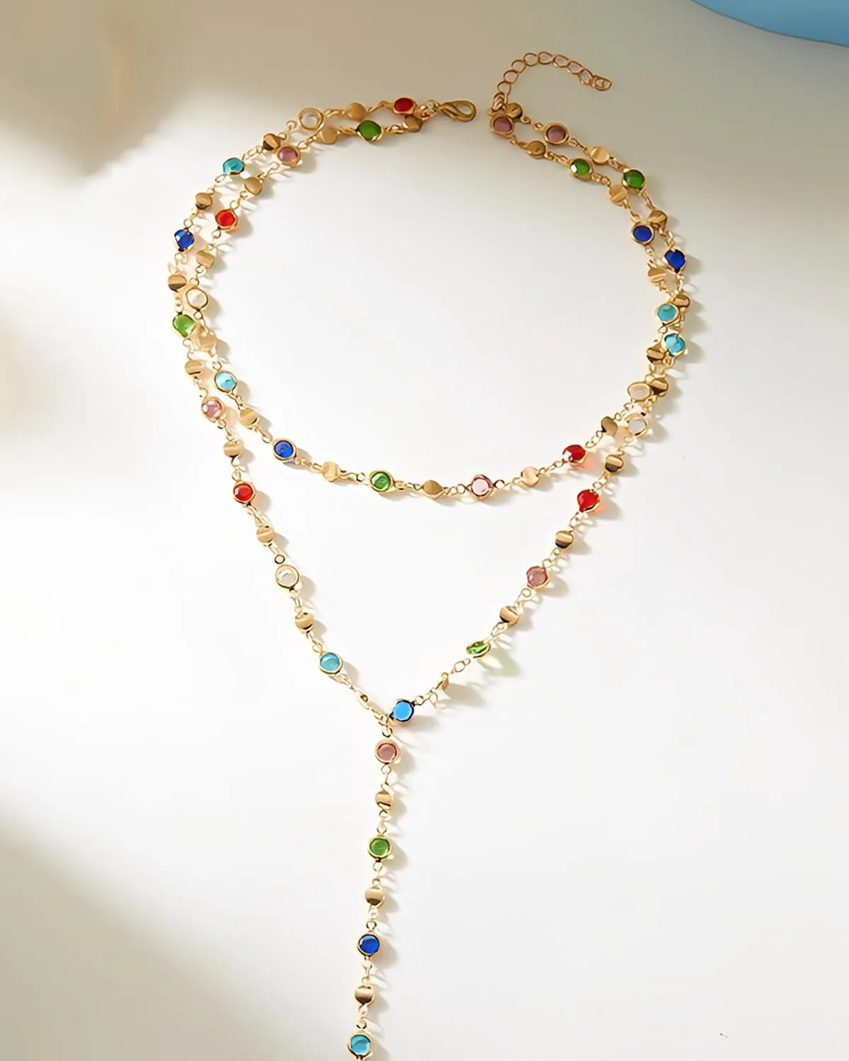 Colorful Y Shaped Necklace for Women Trendy Long Multi Color Crystal Lariat Necklace Sparkly Gemstone Chest Chain Summer Deep V-Neck Dress Outfits Jewelry Accessories