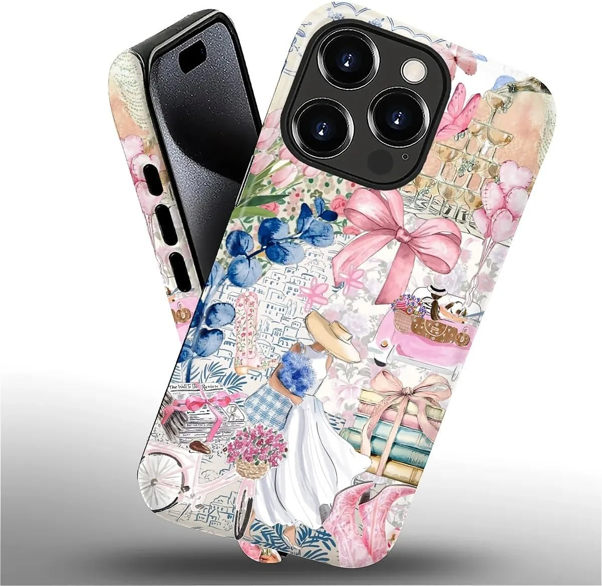 DAIZAG Case for iPhone 16 Pro Max,Mixed 2 Layer Design Shockproof Soft TPU Ddouble Protection Phone Case for iPhone 16 Pro Max-Magazine Books Flower Bow Collage