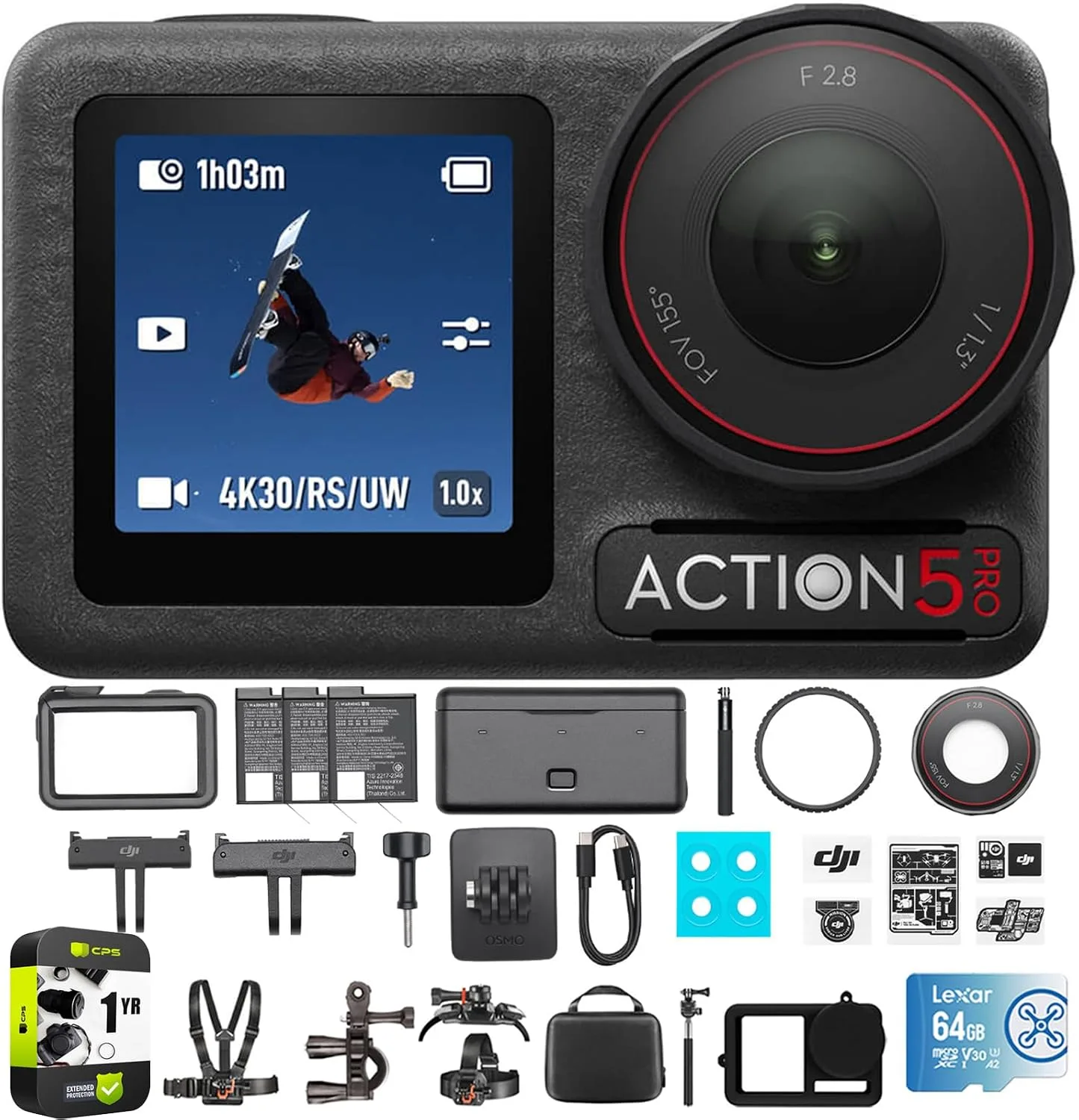 DJI Osmo Action 5 Pro Adventure Combo, 4-Hour Battery, 4K Video Bundle with Outdoor Action Kit, 64GB microSDXC Card, Silicone Protective Case & 1 YR CPS Enhanced Protection Pack