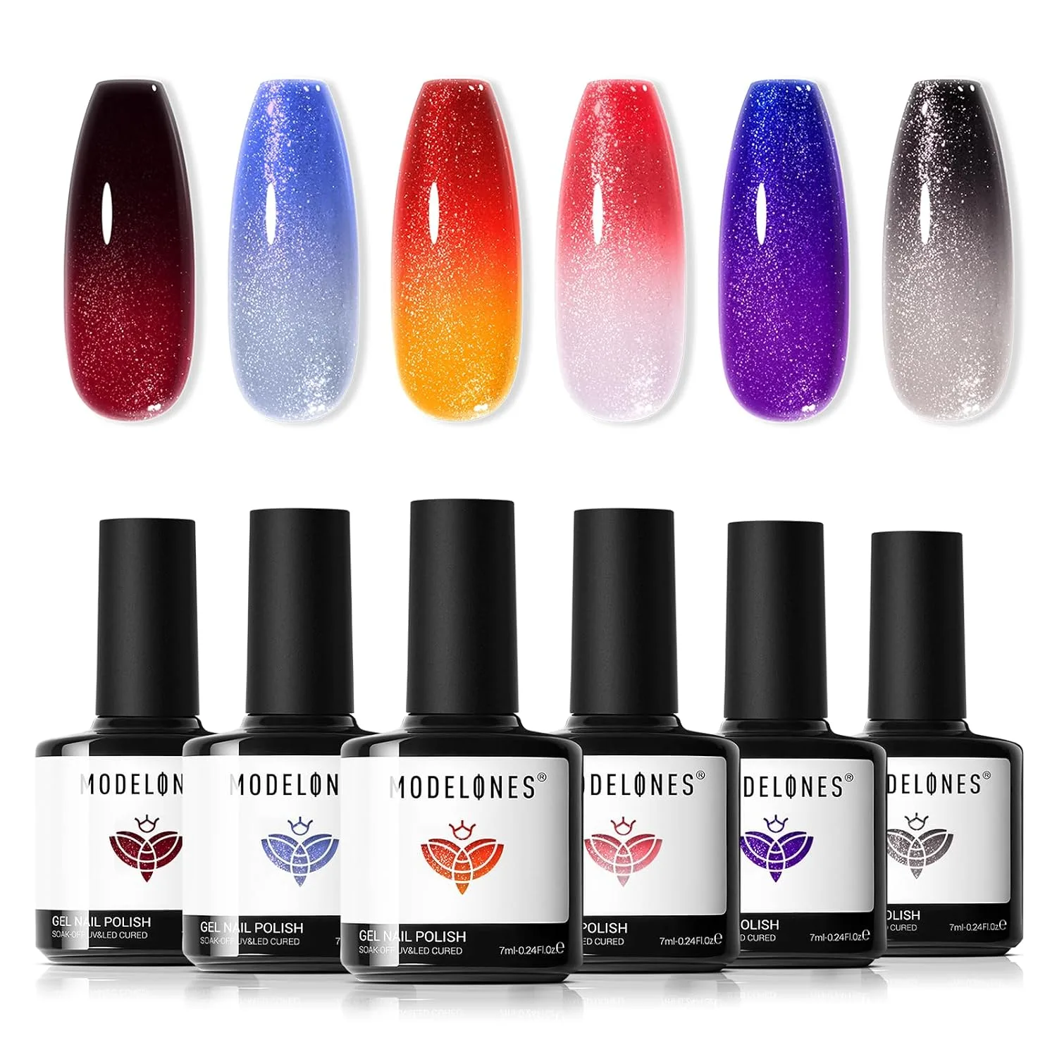 modelones Gel Nail Polish Set Glitter Color Changing 6Colors Red Blue Black