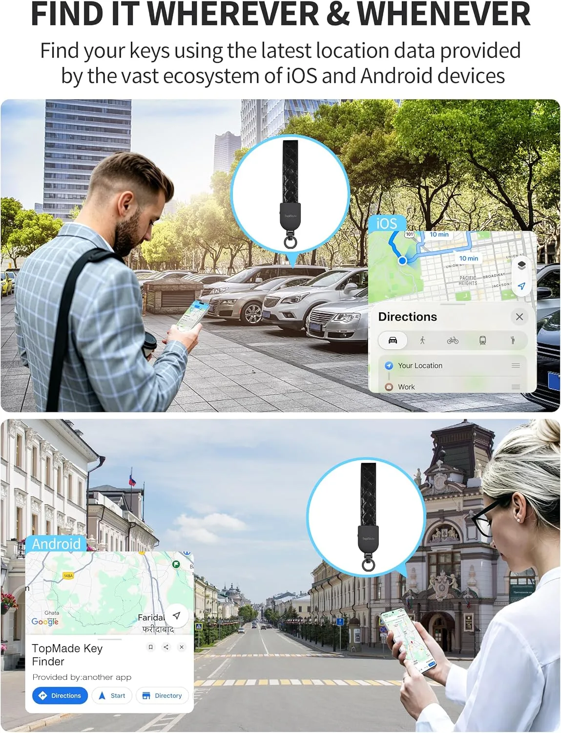 Smart Keychain Tracker (iOS & Android) Car Key Finder, Black & Carbon Black