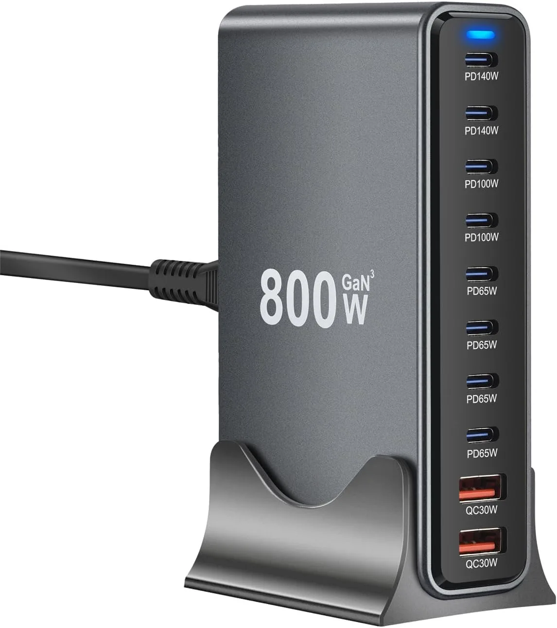 800W GaN3 10-Port USB-C Charging Station - Fast Charger for Laptops, Tablets, Smartphones, and More (Black)