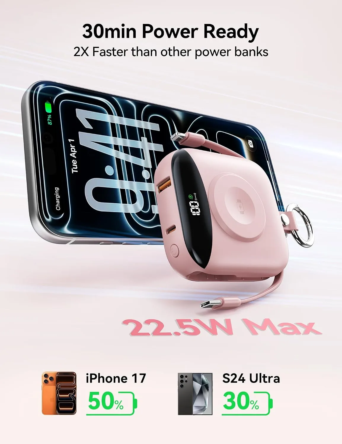 Portable Charger 10000mAh 22.5W Power Bank Built-in 2 Cables Keychain