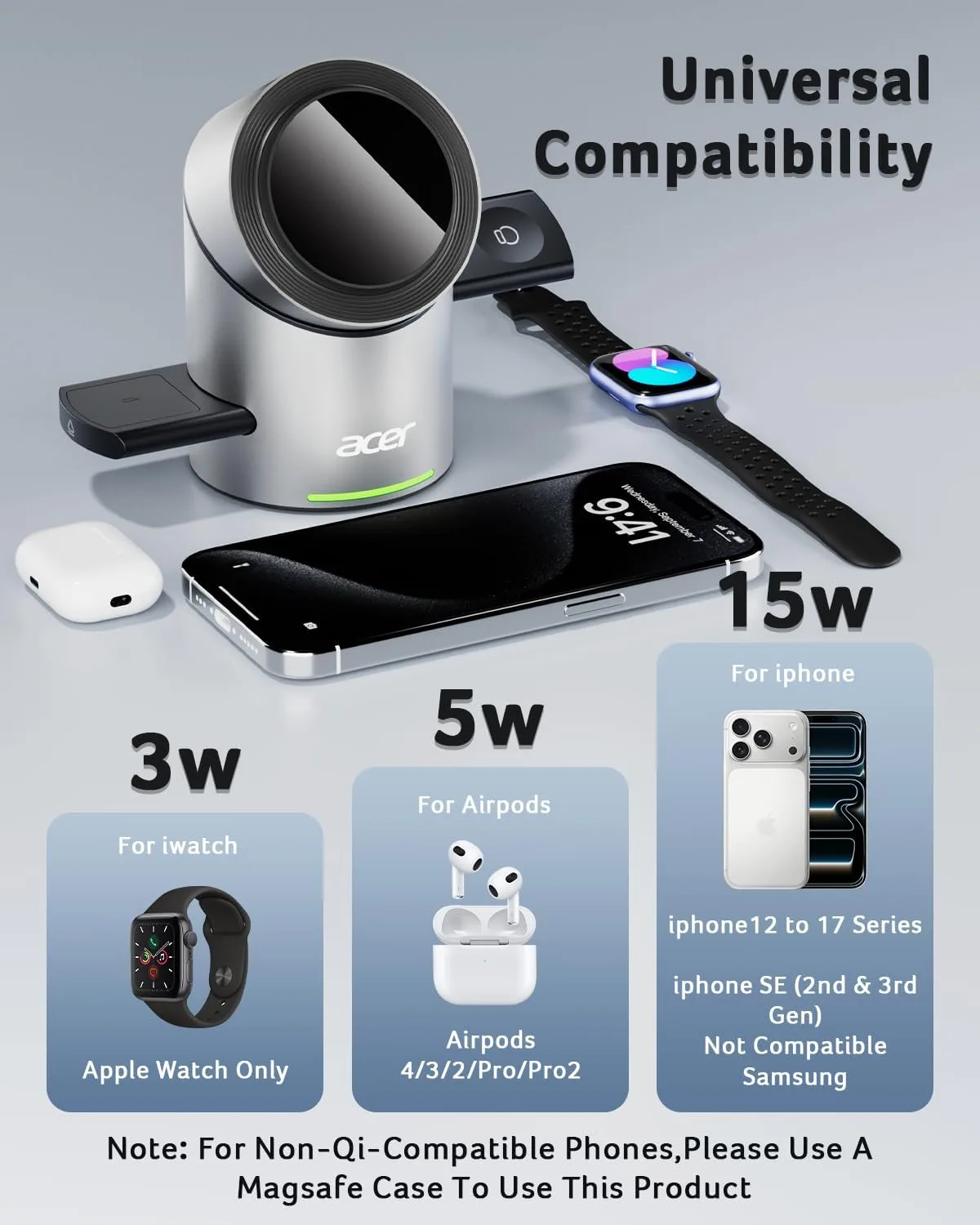 Acer Prime 3 in 1 Charging Station for Apple - Magnetic iPhone Wireless Charging Station, Magsafe Charger Stand for iPhone 17 16 15 14 13 12 - Apple Watch - Airpods Series (Charger & USB-C Included)
