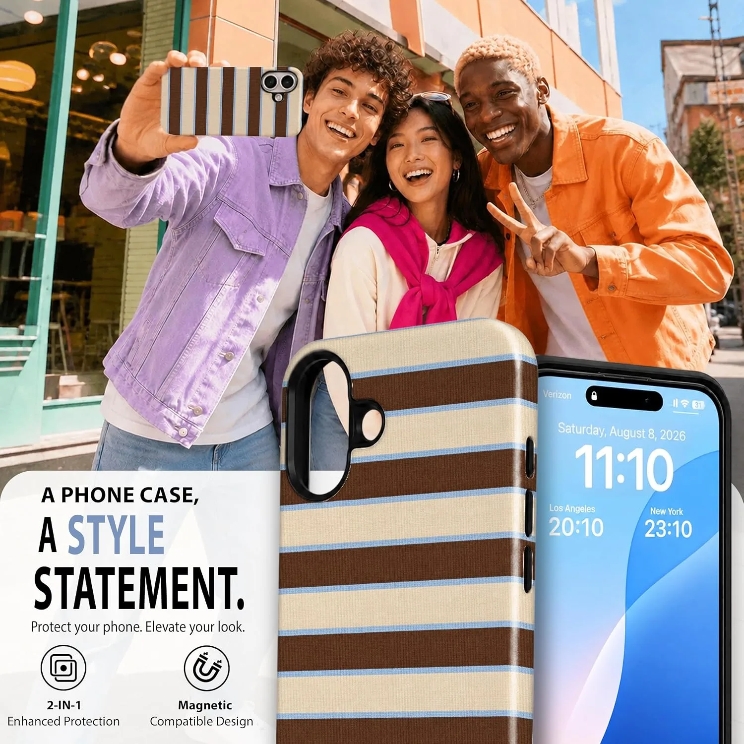 Magnetic for iPhone 16 Plus Brown Horizontal Striped Phone Case