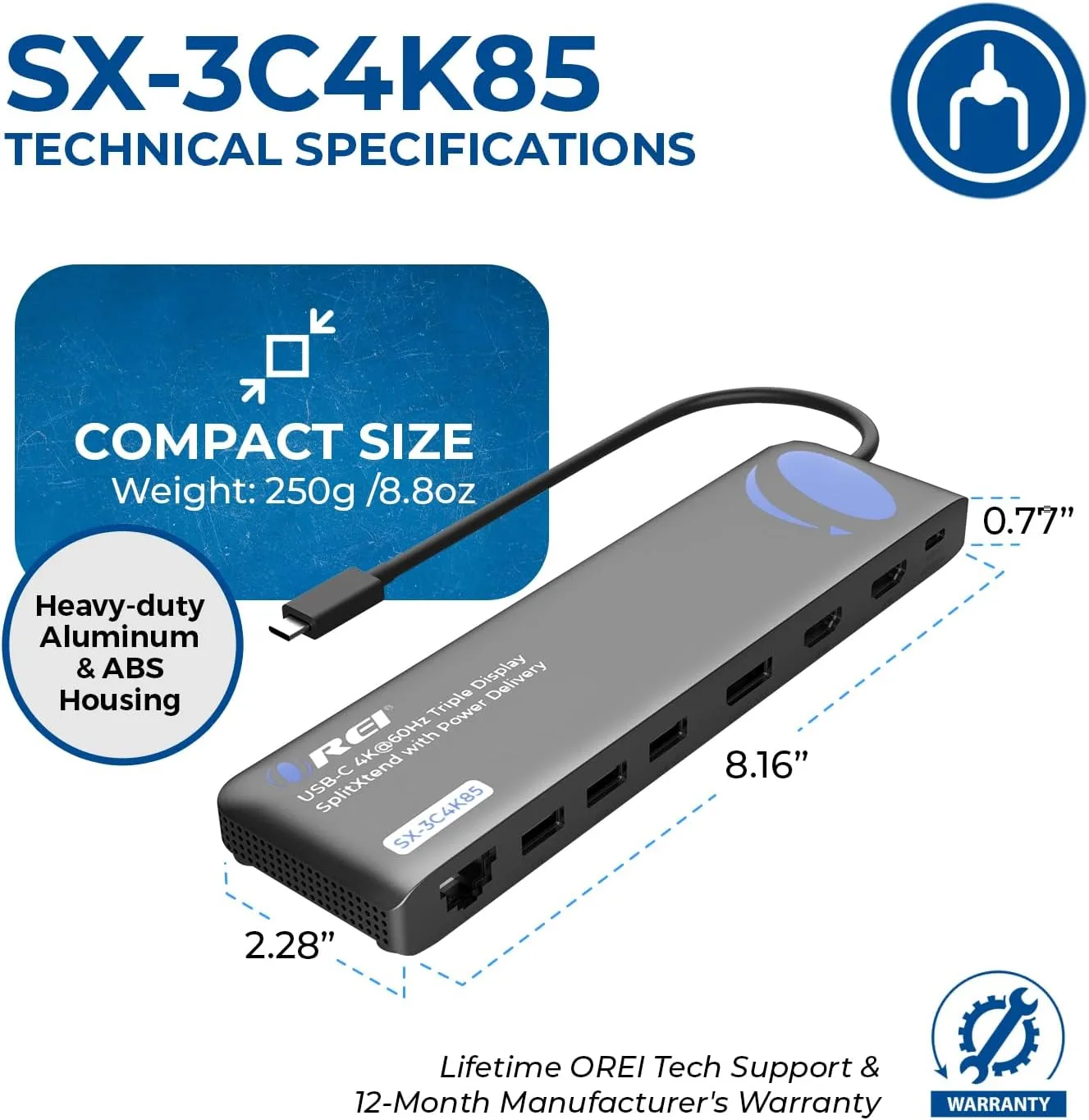 OREI USB C Docking Station Triple Monitor, SplitXtend 12-in-1 Laptop Dock