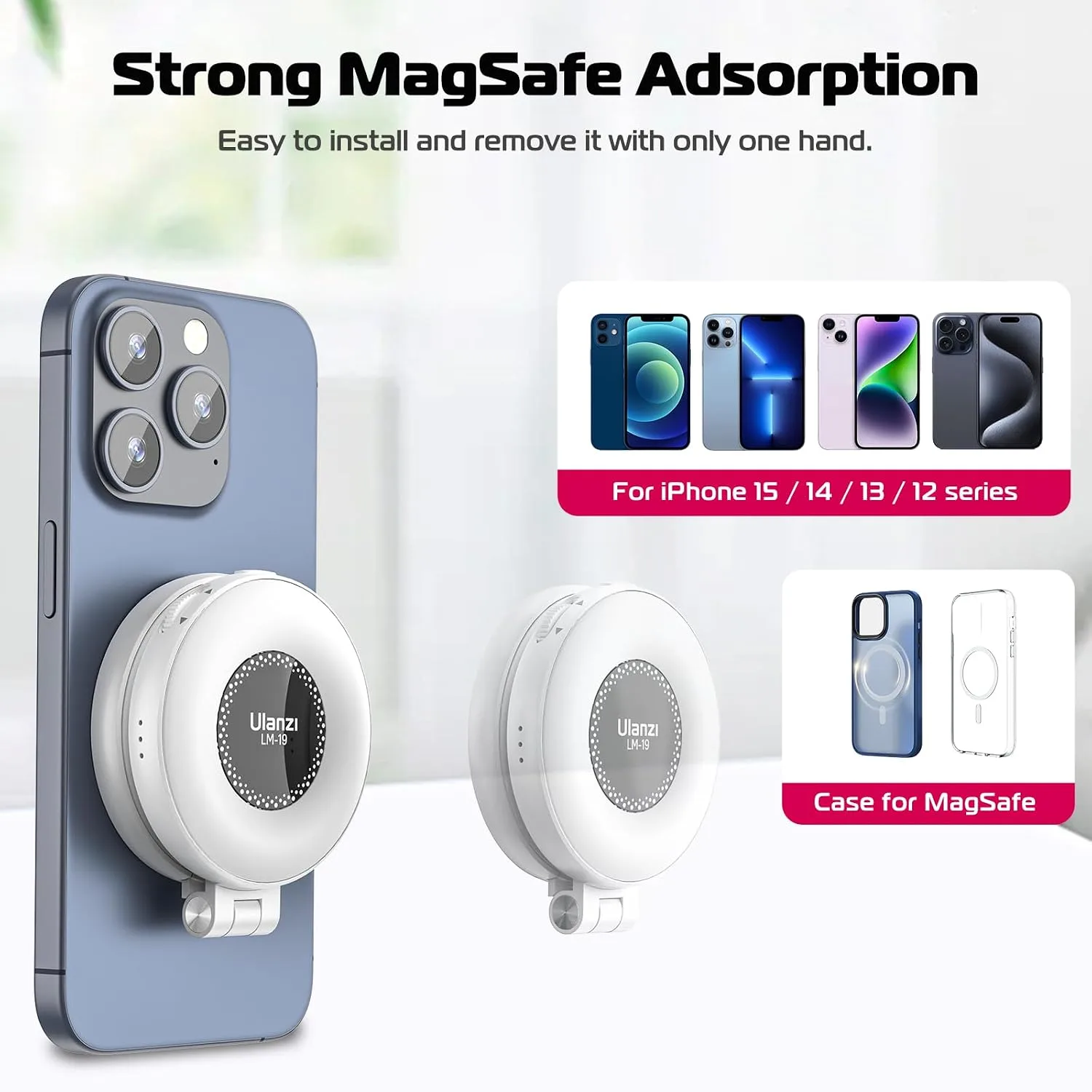ULANZI Magnetic Selfie Light White, LED Fill Light Compatible with Magsafe, LED Selfie Ring Light Included Sticky Ring for Phones, for Selfies/Photography/TikTok/Zoom Calls/Video Recording