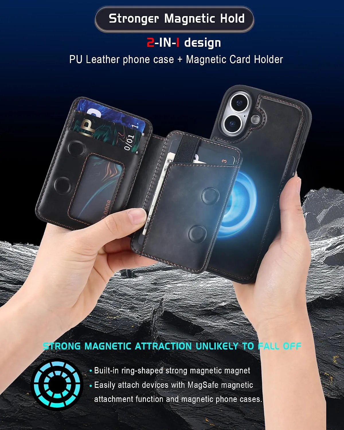 Magnetic Detachable Wallet Case for iPhone 17 with Kickstand,2-in-1 MagSafe Compatible RFID Blocking Card Holder,Slim PU Leather Cover Black