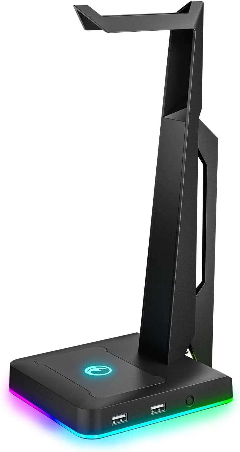 RGB Gaming Headset Stand with 2 USB Ports, Game Headphone Mount for PC, Xbox One, PS4, Switch, Earphone Holder Hanger, Great for Gaming Stations, Fancy Desk Gamer Accessories, Black