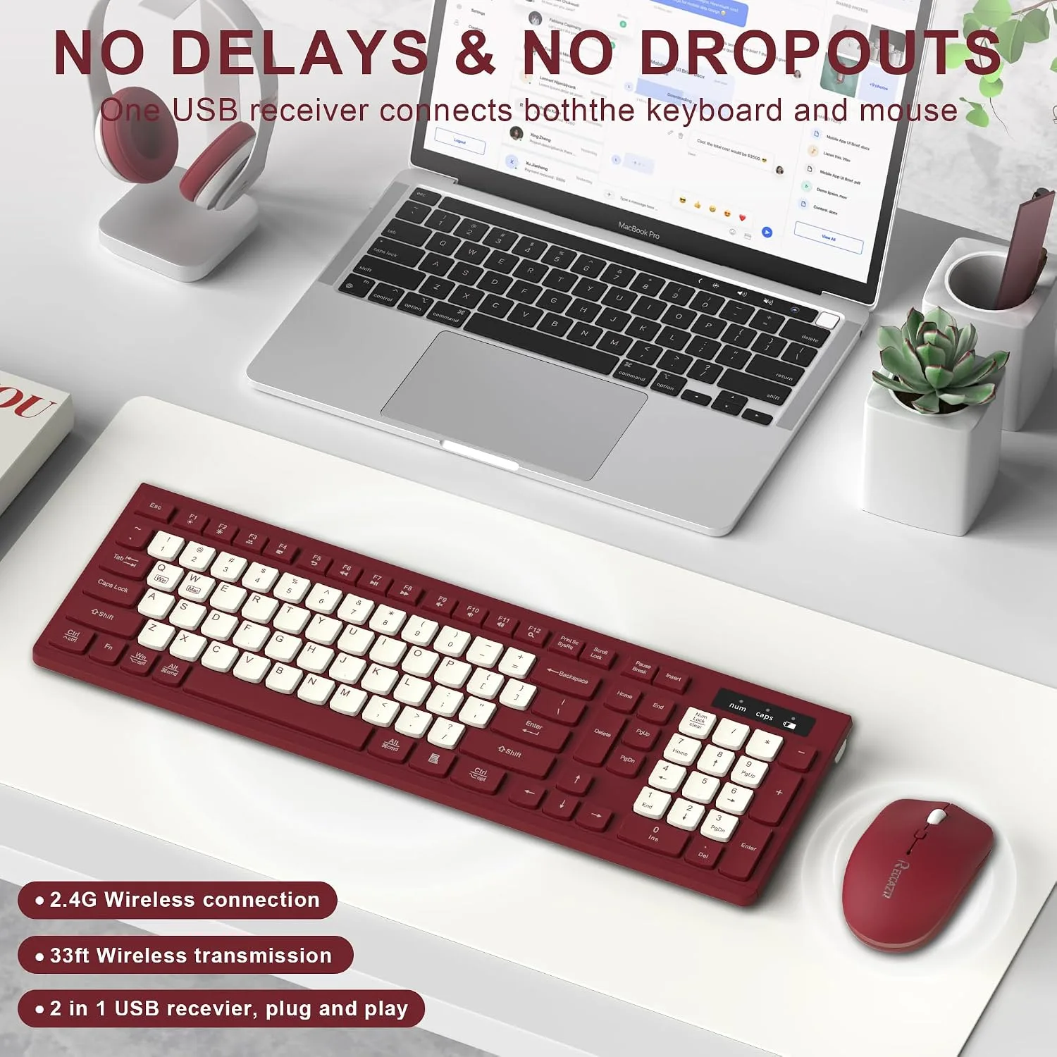 Wireless Keyboard and Mouse Combo Silent for Office and Home(Wine Red-B)