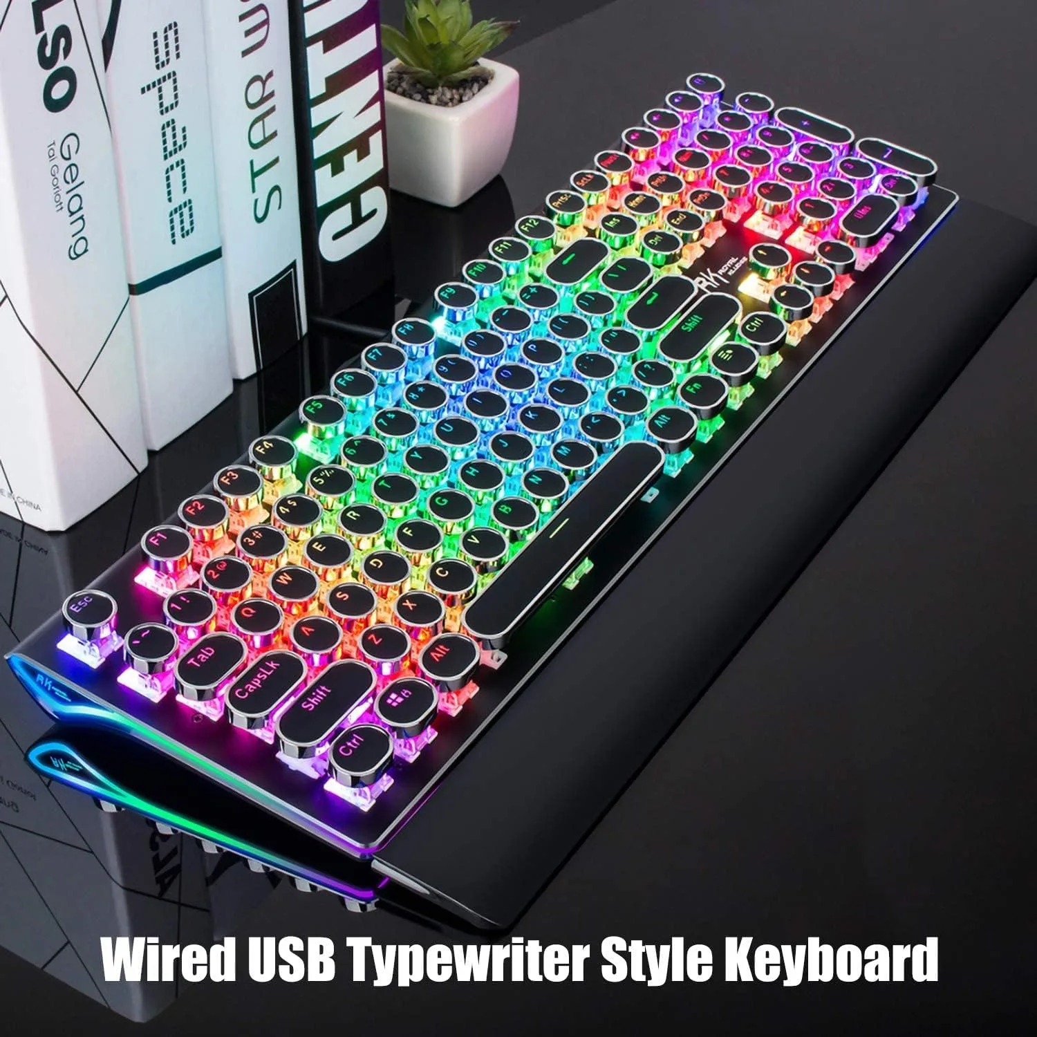 RK ROYAL KLUDGE S108 Typewriter Style Mechanical Gaming Keyboard with RGB Backlit, Wired PC Game Keyboard Full Size with Detachable Wrist Rest and Number Pad, Retro Round Keycaps, Red Switches Black