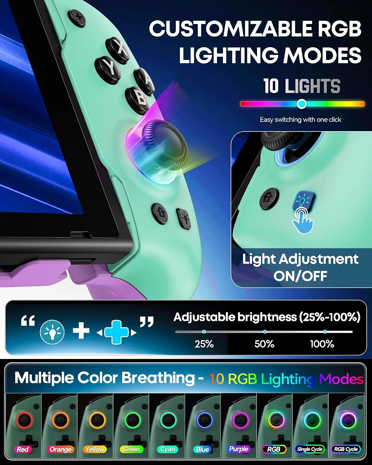 OIVO Switch 1/2 Controller for Original/OLED/Switch 2 Console, Stretchable Switch Handheld Joypad Ergonomic Grip for NS Pro Controller with RGB Light, TMR Joystick, Turbo, 4 Macro, Green & Purple