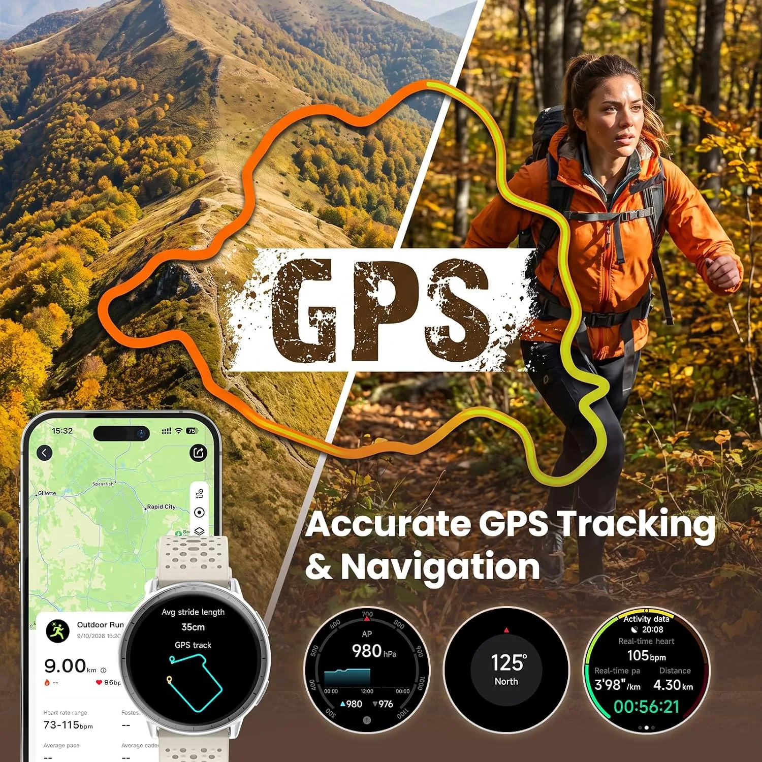 Smart Watch for Men Women,GPS Built-in,1.3" Ultra-bright AMOLED Display,SOS