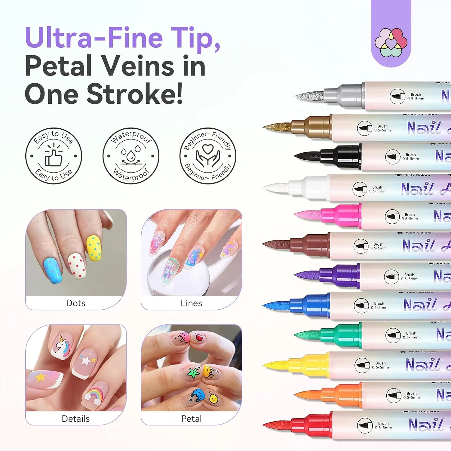 SAVILAND 12 Colors Nail Art Pens Set, 0.5mm Dual Tip Nail Polish Pens
