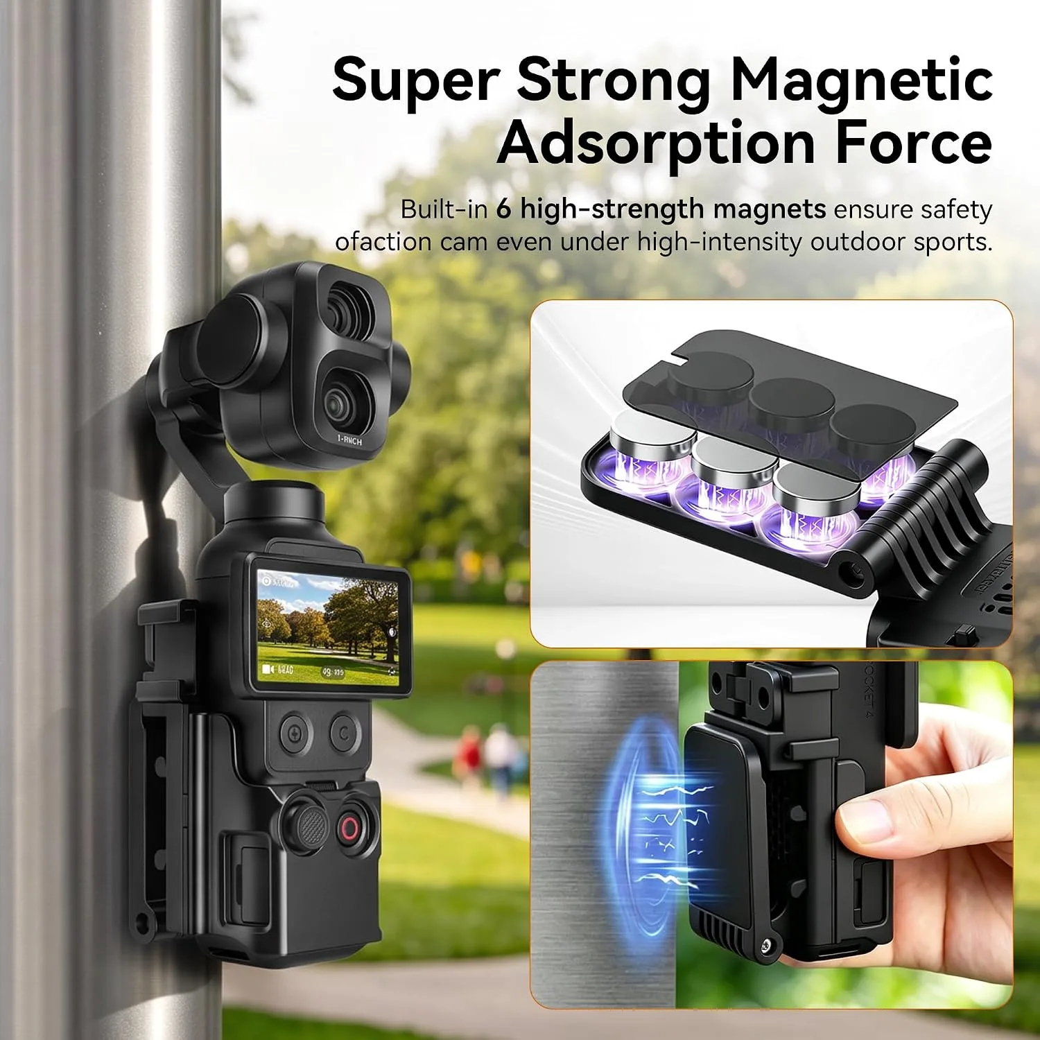 AMAZEAR Magnetic Mount Stand Compatible with DJI Osmo Pocket 4P/4/3/Xtra Muse, Pocket4 Accessories Adapter Clamp Magnet Suction Case Holder on Desktop/Vertical Surface, 180° Adjustable Handle, Black
