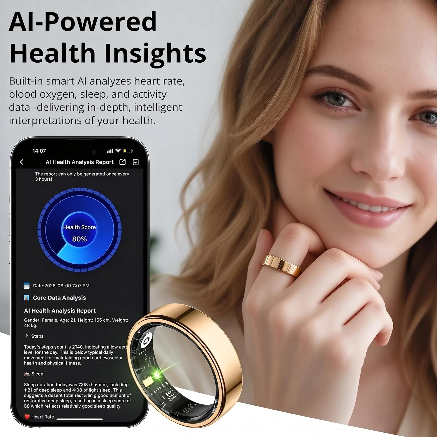 COLMI R02, Smart Ring for Women, AI Health Tracker & 5ATM. (Rose Gold, 9#)