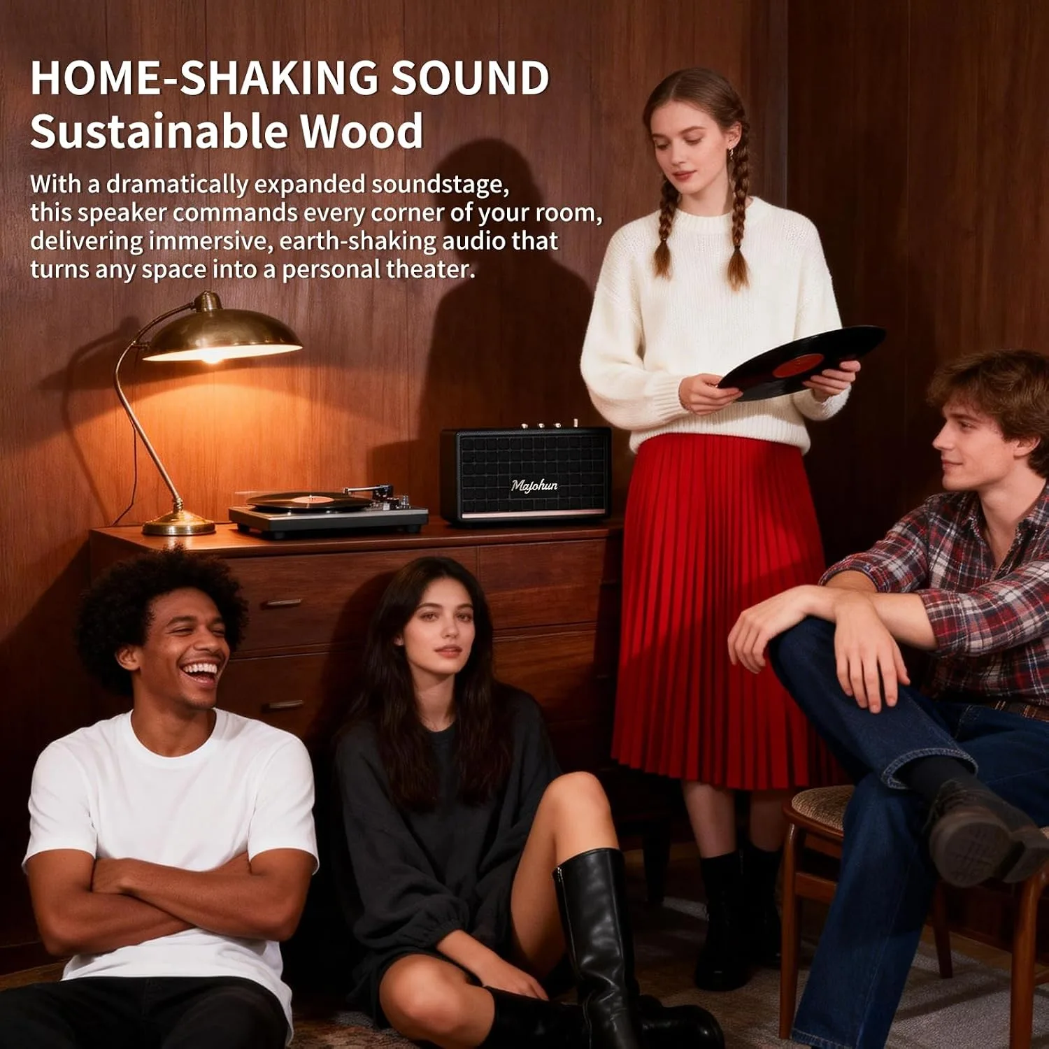 100W Peak Wood Bluetooth 5.4 Speaker, Vintage TWS Stereo (Black)