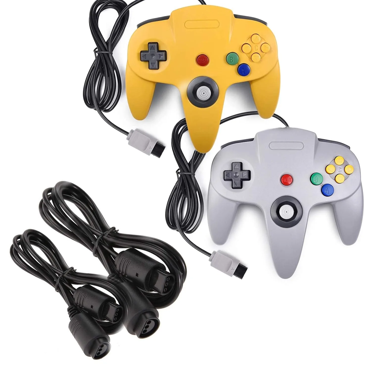 miadore 2 Pack Classic N64 Controllers (Yellow/Gray) Bundle with 2 Pack 6FT N64 Controller Extension Cable