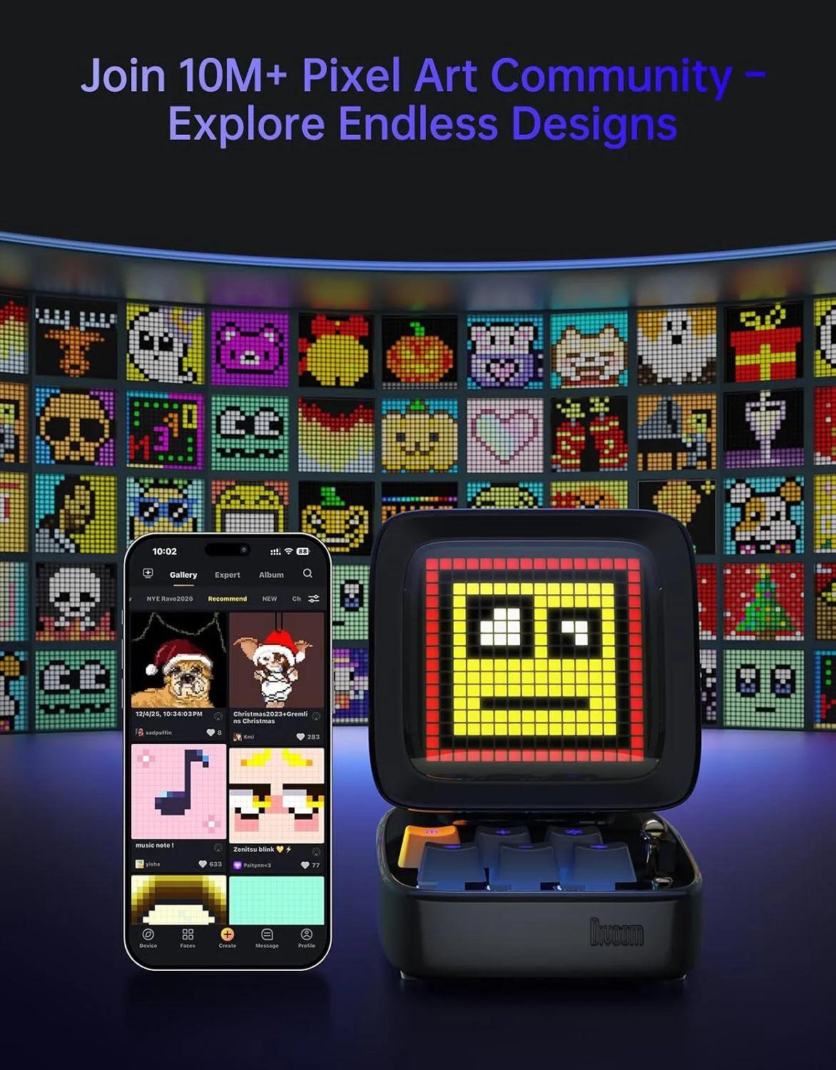 Divoom Ditoo Retro Pixel Art 15W Bluetooth Speaker,Cute Speaker with Alarm,White Noise & Mini Games,Iconic Desk Setup Speaker with 16X16 LED App Controlled Front Screen,Gifts for Anyone (Black)