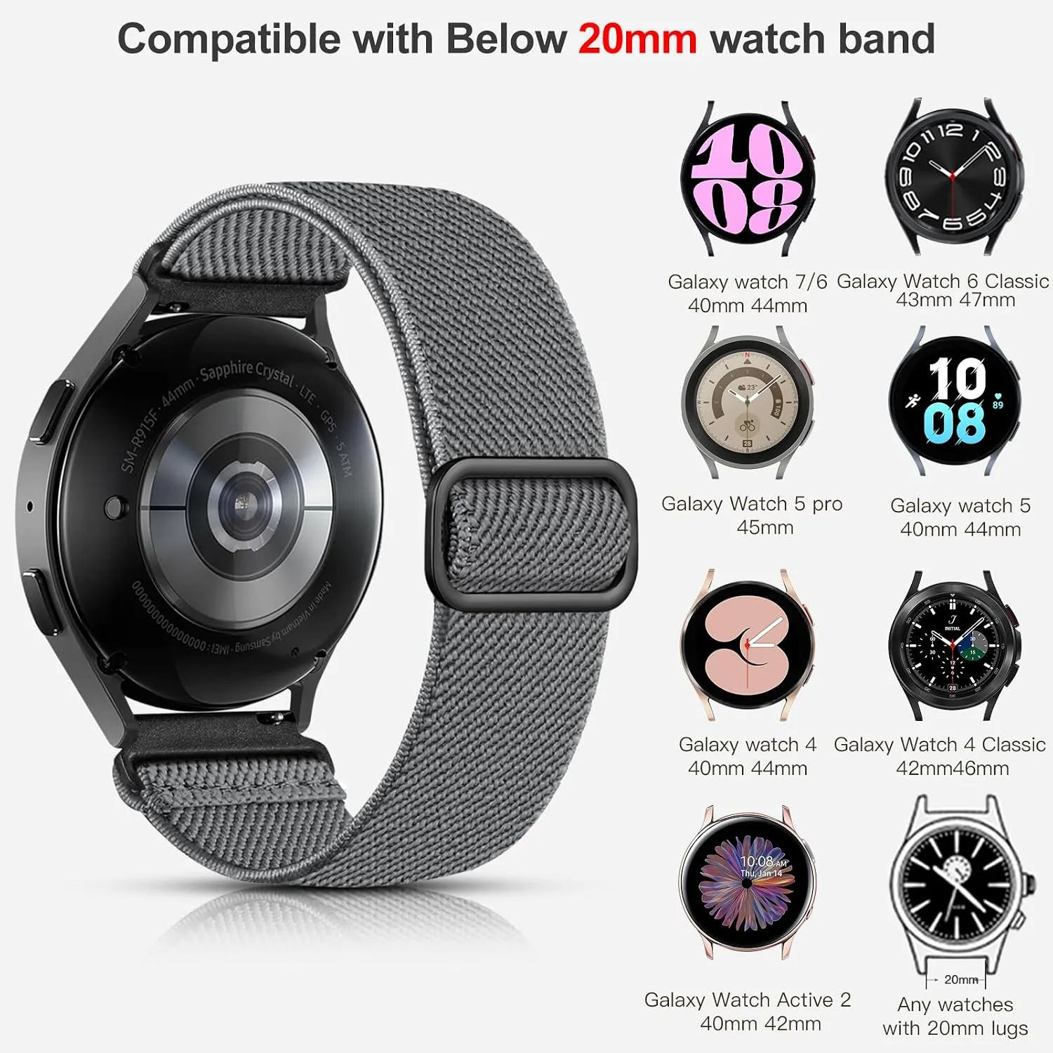 Lerobo Elastic Bands Compatible with Samsung Galaxy Watch 7 6 5 4 40mm 44mm/for Galaxy Watch 6 Classic Band 43mm 47mm/Watch 4 Classic Band 42mm 46mm/5 Pro/Active 2,3 Pack Adjustable Nylon Sport Band