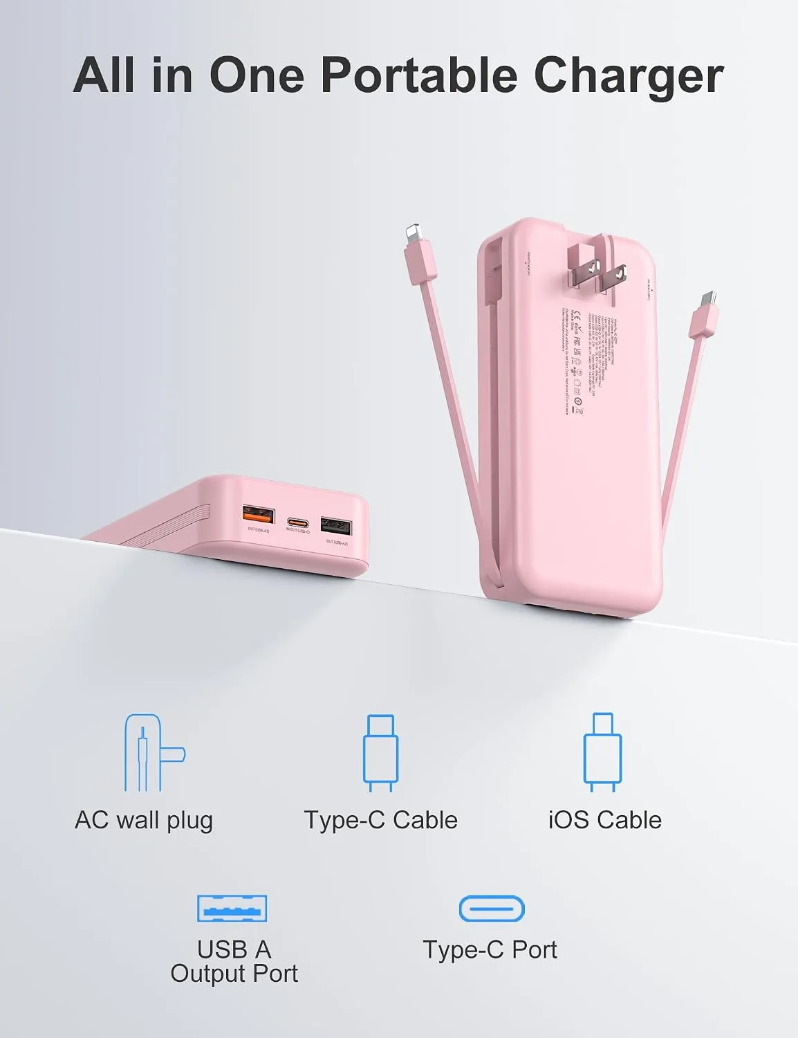 Portable Charger Power Bank 20000mAh with Built in Cables & Wall Plug