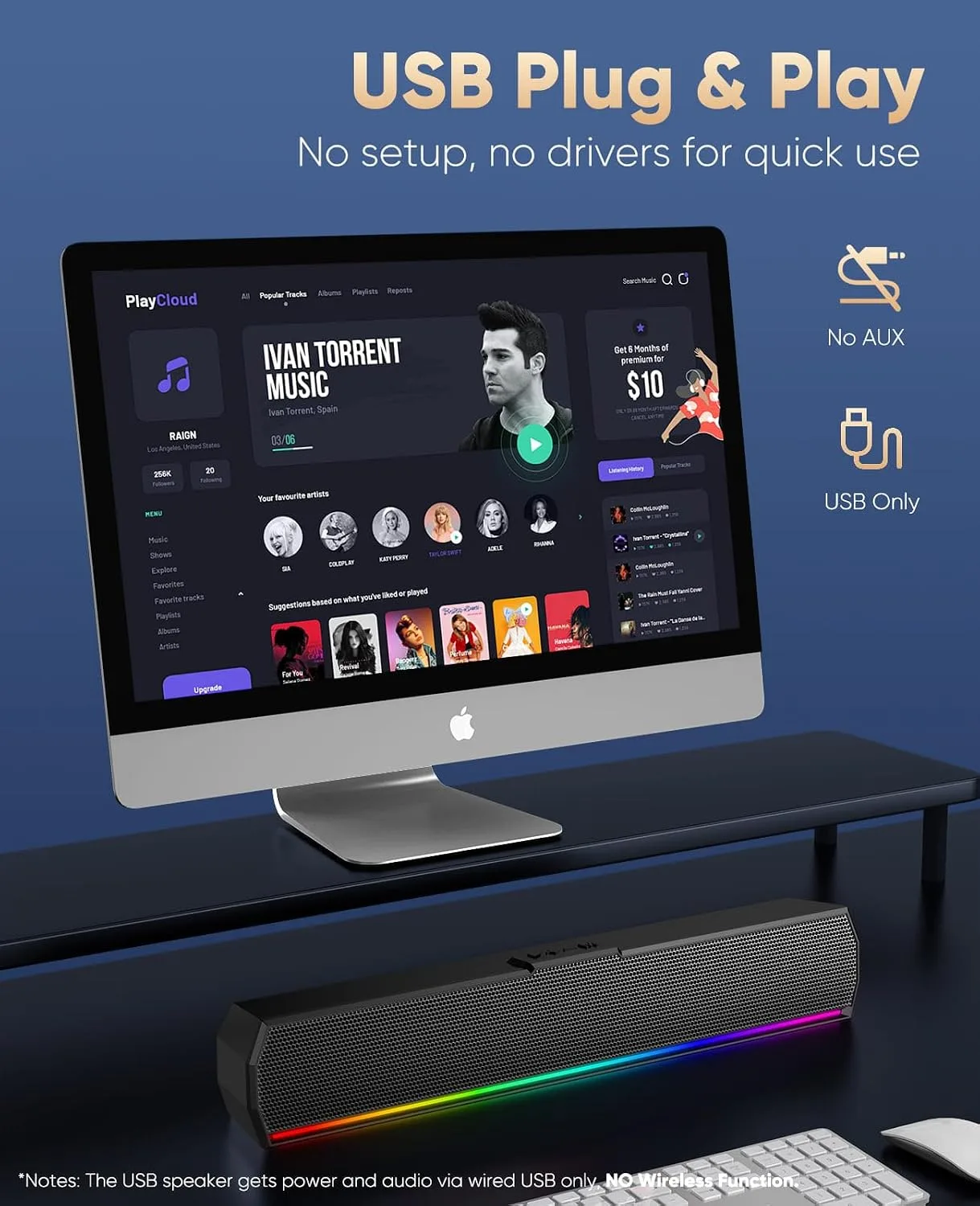 Kunodi USB Computer Speakers for Desktop PC, Stereo External Speakers with Dynamic Lights, Plug and Play, Easy Buttons, USB/USB C Powered Sound Bar for Desktop & Laptop, Desk