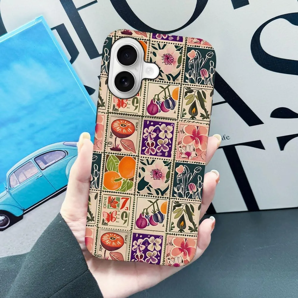 Case Compatible with iPhone 17,Fall Prevention Hybrid 2-Layer Hard Shell Phone Cover for Girls Boys,Vintage Flower Orange Stamp Collage