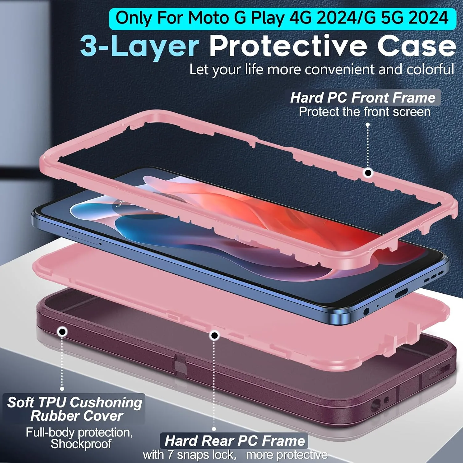 LeYi for Moto-5G-2024 Case: 𝗡𝗼𝘁 𝗣𝗹𝗮𝘆, 3-Layer Full Body, Wine Red