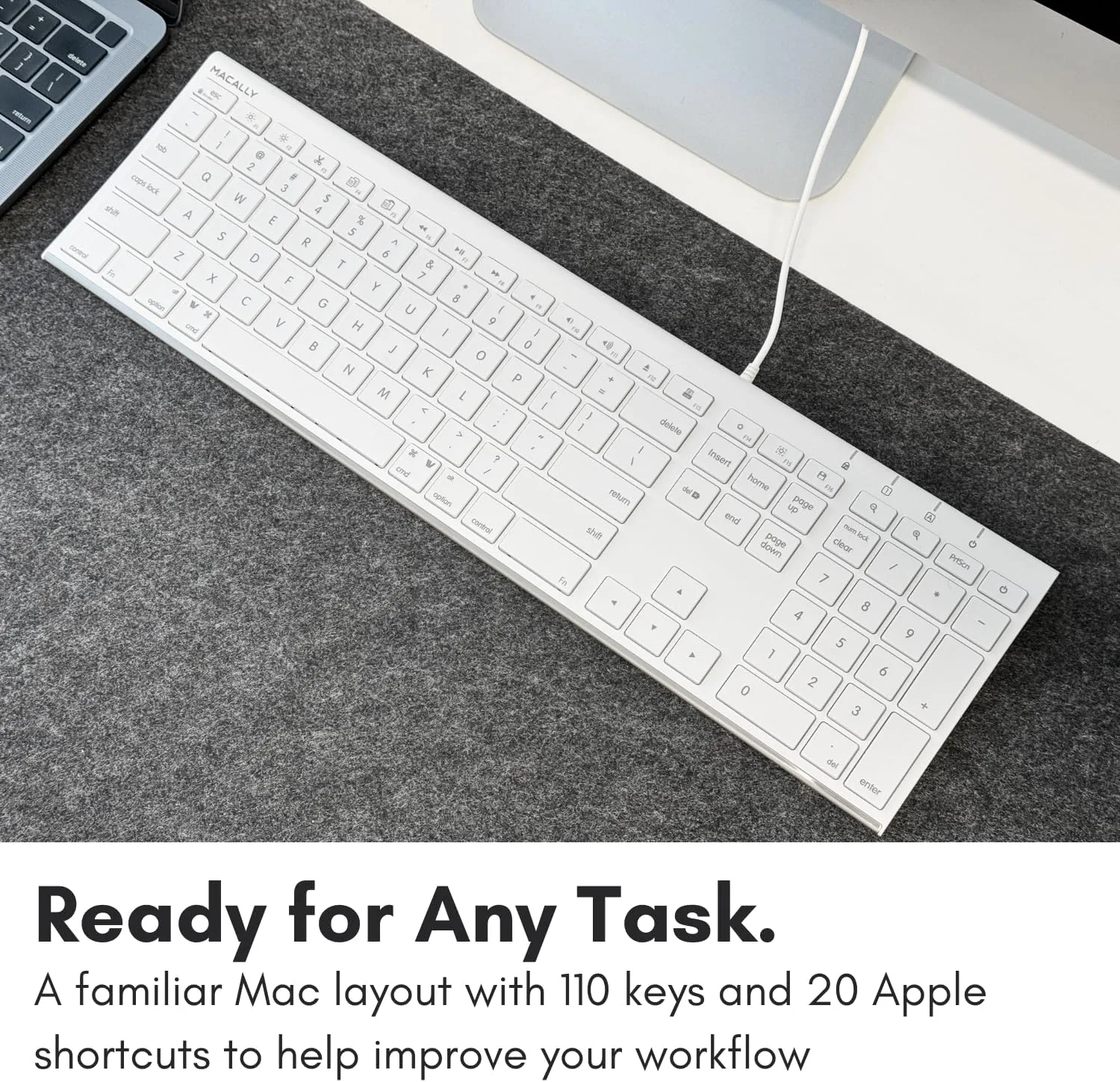 Macally Slim USB Wired Keyboard for Mac and Windows - Simple and Sophisticated - USB Apple Keyboard with Numeric Keypad for Mac Mini / Pro, Macbook, iMac with 110 Scissor Switch Keys and 20 Shortcuts