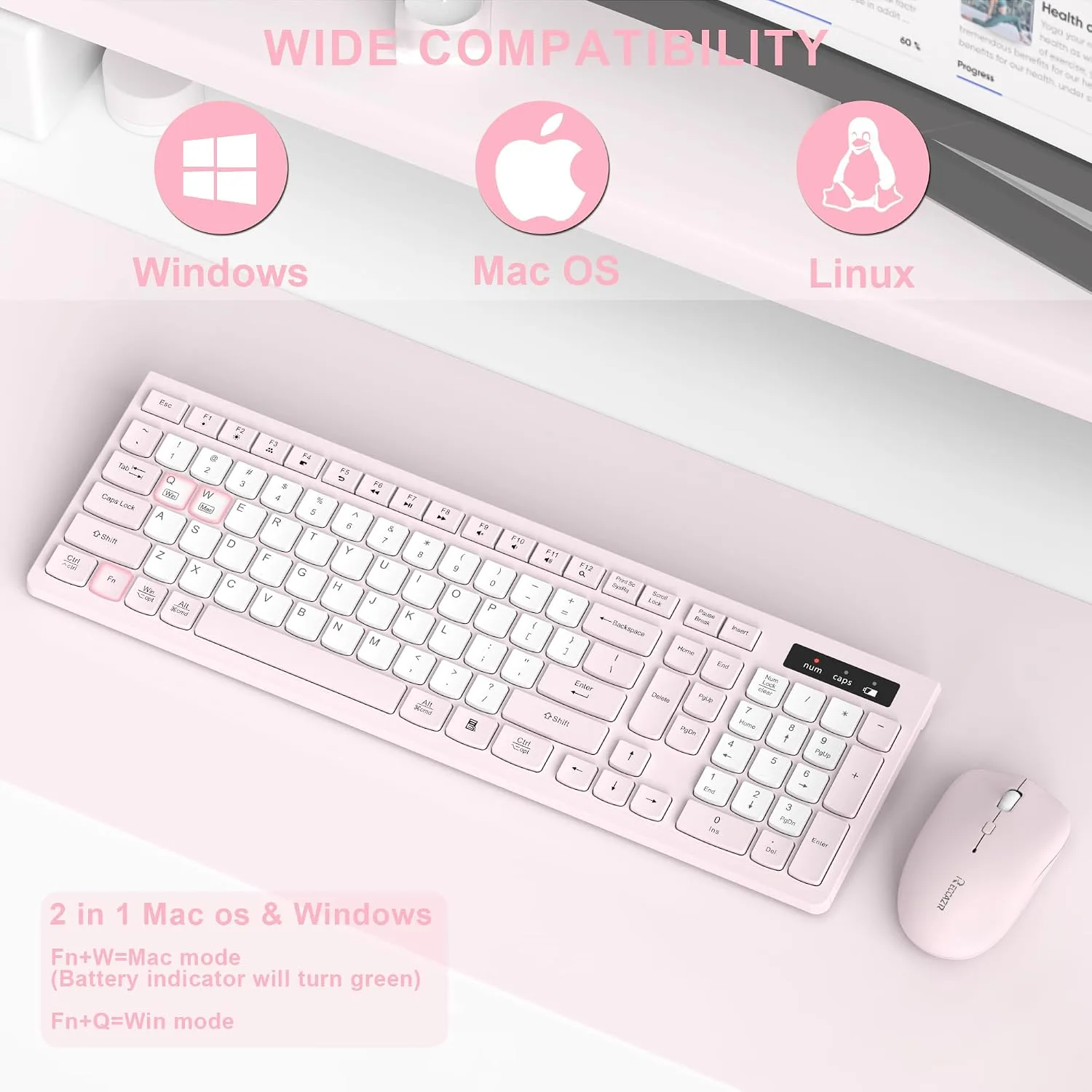 Wireless Keyboard and Mouse Combo Silent for Office and Home(Pink-B)