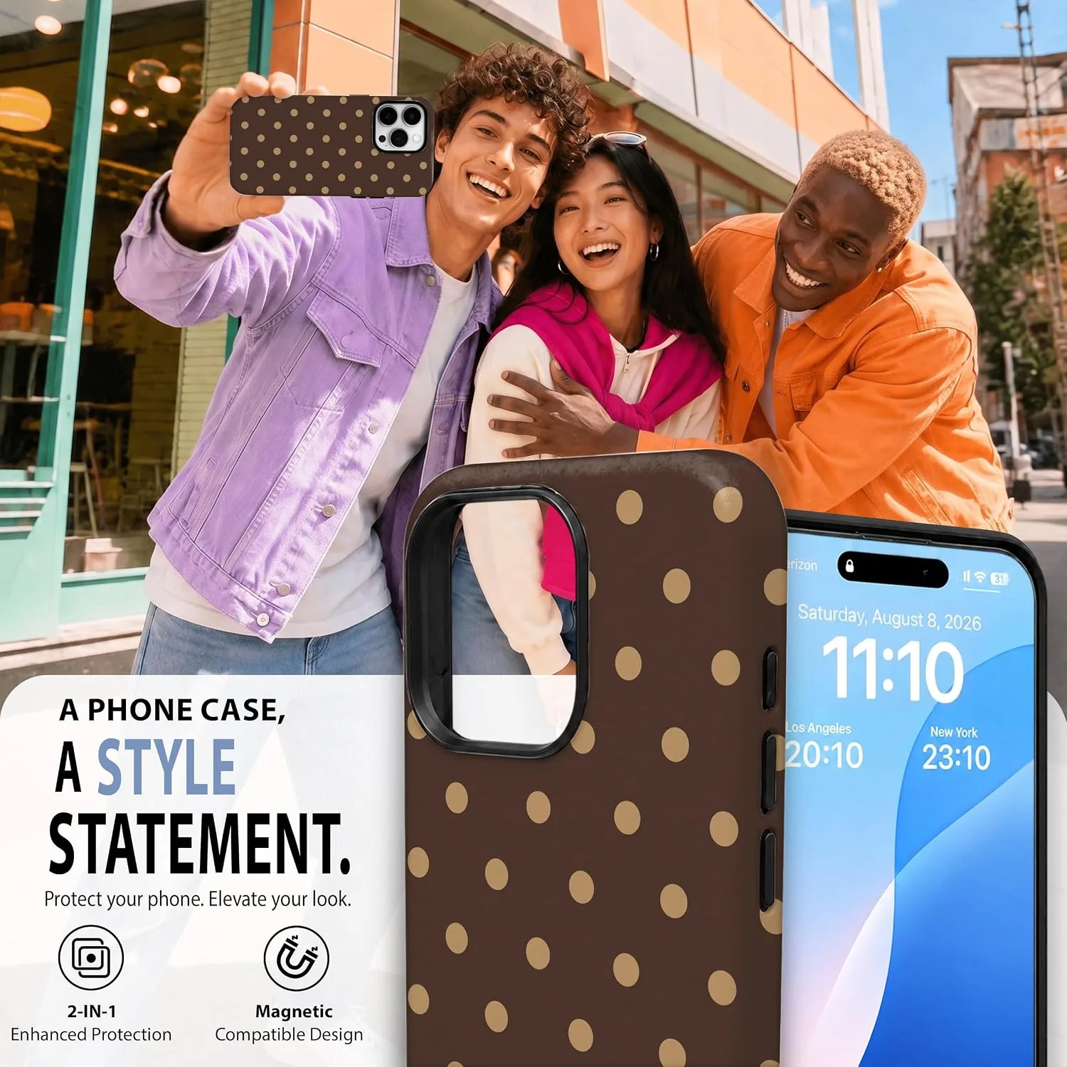 Magnetic for iPhone 16 Pro Phone Case, Brown and Cream Polka Dot