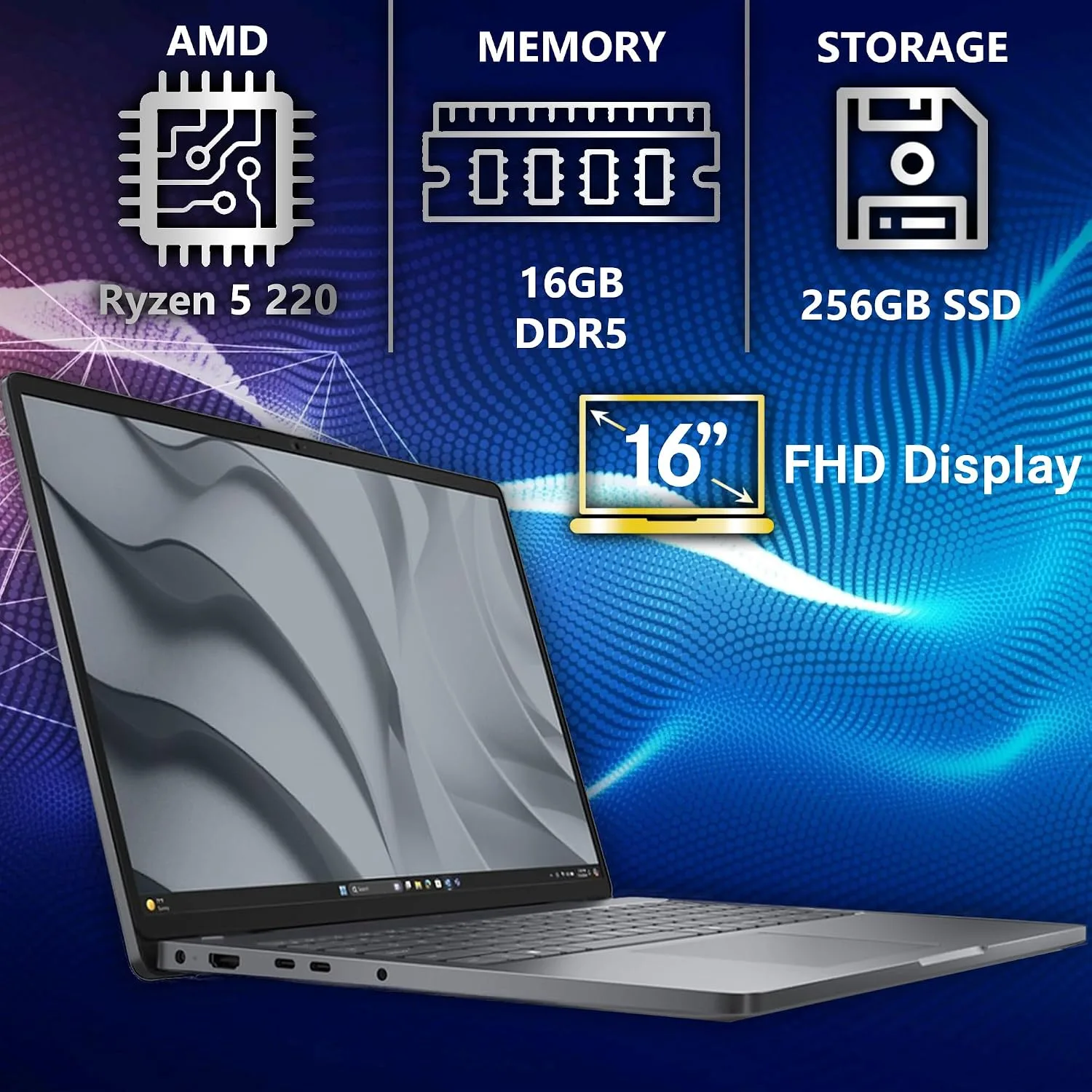Dell Pro 16 Business Laptop, 16" FHD+ Display (Replaces Latitude 3550), AMD Ryzen 5 220 Processor, 16GB DDR5 RAM, 256GB PCIe SSD, WiFi 6E + BT, RJ-45, HDMI, Backlit Keyboard, HD Webcam, W11Pro - Black