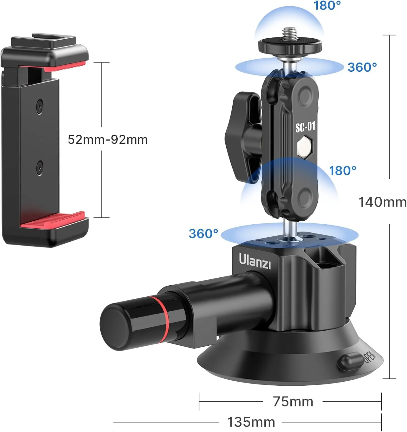 UURig SC-01 Suction Mount 3" for Vlogging Camera Car with Smartphone Clamp
