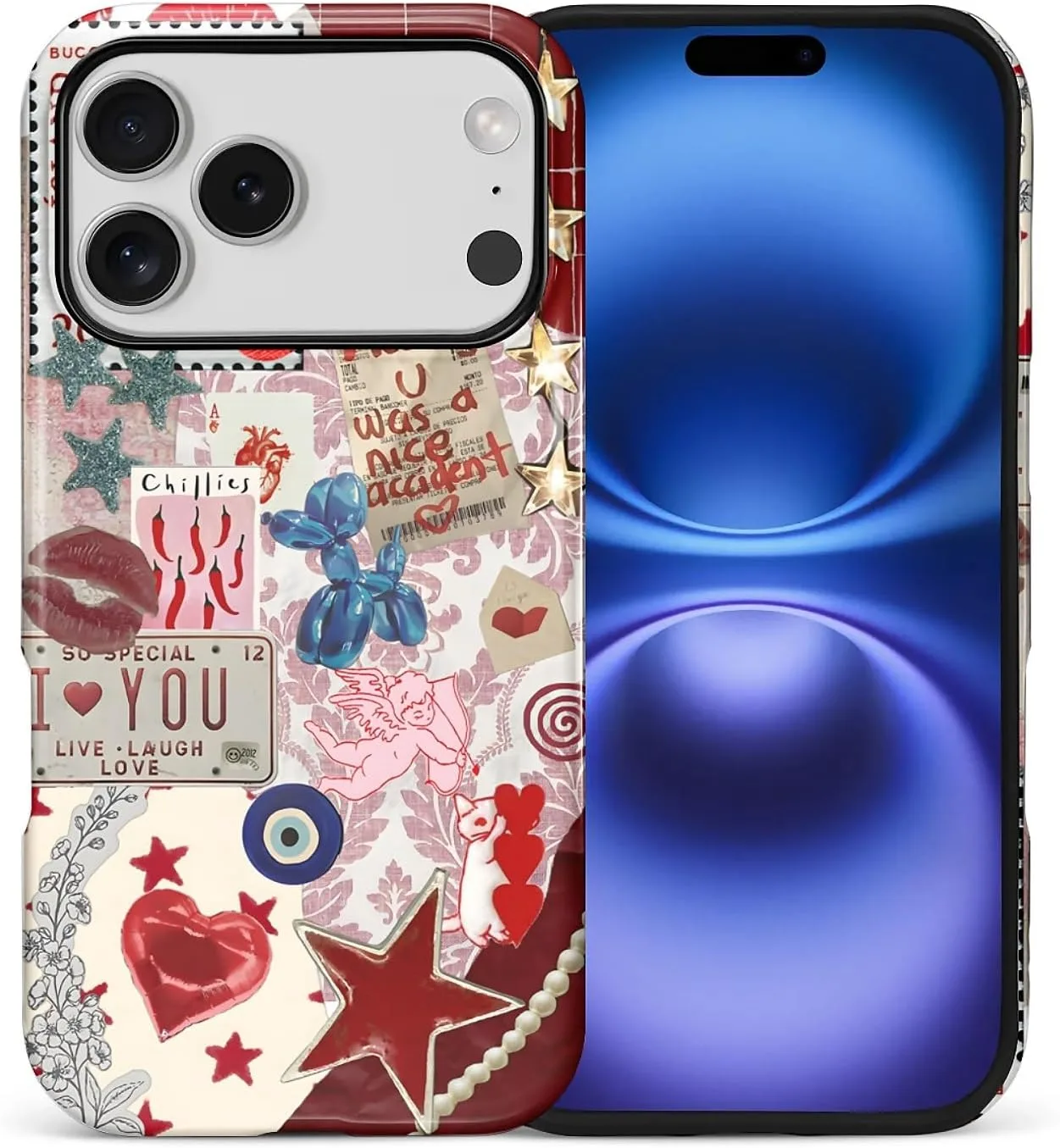 DAIZAG Case for iPhone 17 Pro,Mixed 2 Layer Design Shockproof Soft TPU Ddouble Protection Phone Case for iPhone 17 Pro-Conch Red Pearl Collage