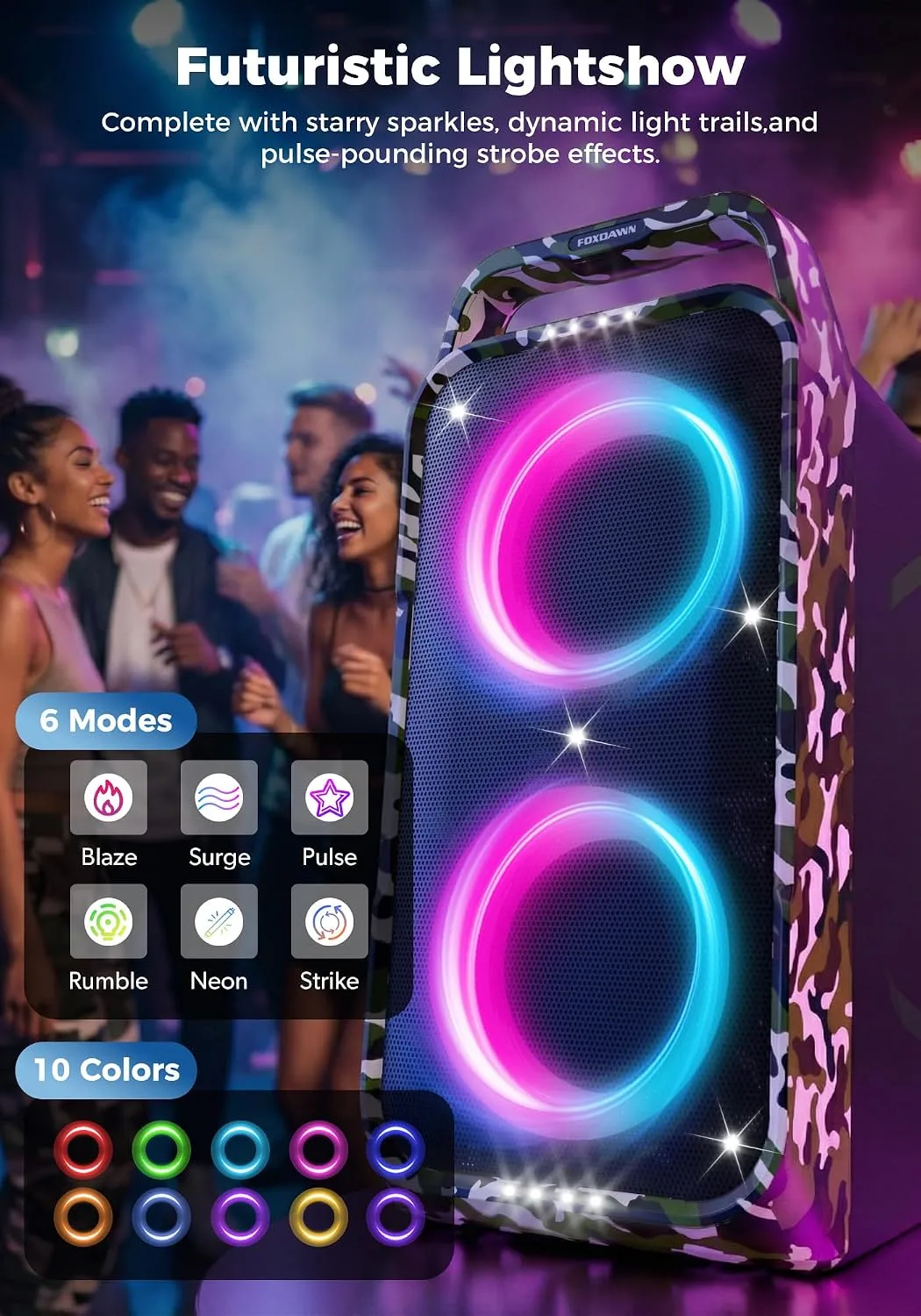 Foxdawn Portable Bluetooth Speaker: 240W Peak Powerful Loud Sound Deep Bass Wireless Boombox Large Subwoofer 15 Hours Battery Life Fast Charging with Led Light Show for Party Outdoor Camping Backyard